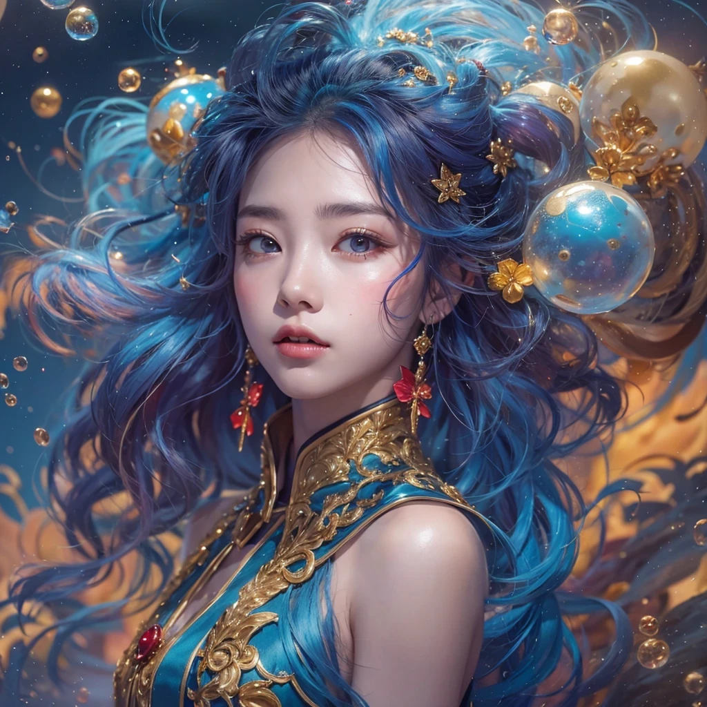鹅黄 blue colors,enamel,agate,A flesh-colored world,Blood Blue Maiden 32k(masterpiece,HD,Aoyama Pond,Ultra high quality,32k)long flowing bright blue hair,blood pool,Ziddink, a color,Grumpy (After greeting), (Linen scarf), fighting stance, looking at the ground, long 鹅黄 hair, Floating bright blue, Fire cloud gold headdress, Chinese long-sleeved gold silk burgundy garment, (Abstract metaverse splash:1.2), White background,Peony flower vitality protector(realistically:1.4),bright purple hair,Smoke on the road,The background is very pure, high resolution, detail, RAW photos, Sharp Re, Nikon D850 film photo by Jefferies Lee 4 Kodak Portra 400 camera F1.6 guns, colorful, Ultra-realistic and vivid textures, dramatic lighting, Unreal Engine Art Station Trend, Sinest 800,一个有着long flowing bright blue hair的女孩,Huge colorful bubbles鹅黄