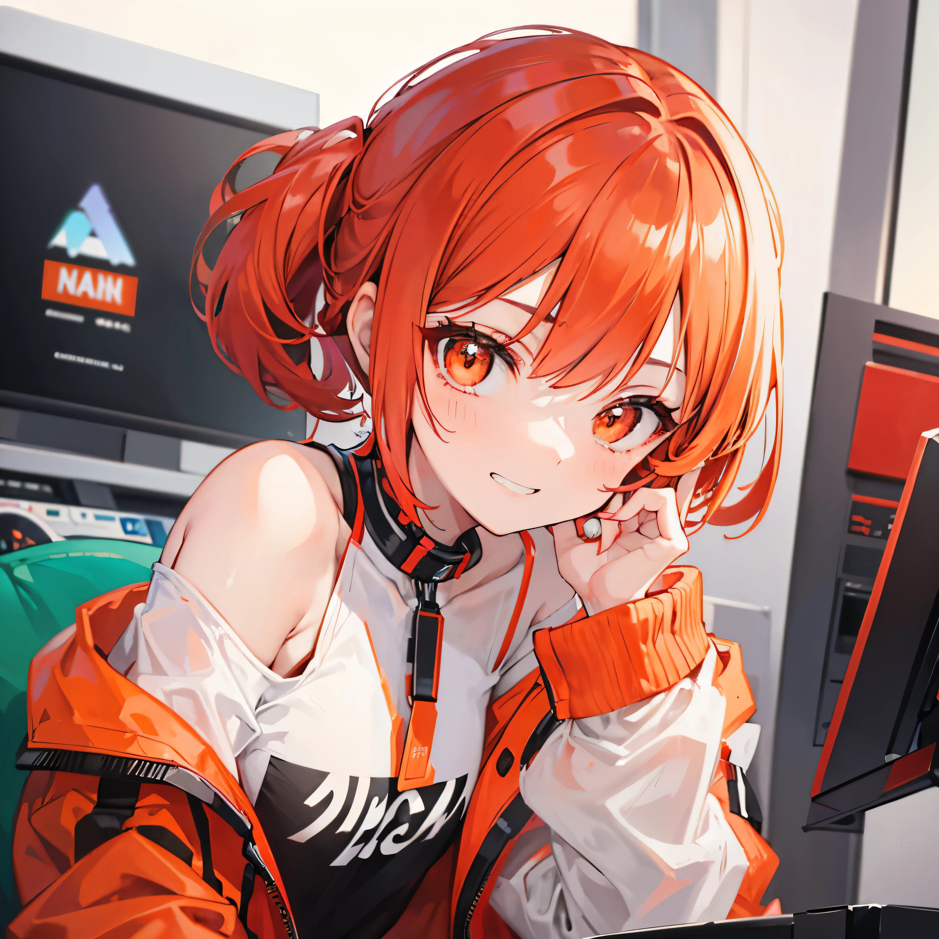 extreme close up, red orange and white off shoulder short hair,Rin々nice and lovely girl, In the arcade, grin and laugh
