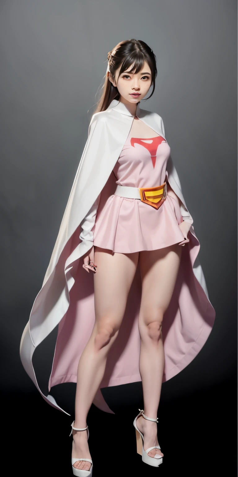 Highest image quality、real image、18-year-old美少女、ポニーテールbeautiful woman、beautiful sister、A woman wearing a pink dress and cloak is standing in front of a building, 18-year-oldの女の子,Jun the Swan、science ninja、white panties、beautiful woman、 As a retro-futuristic heroine, 18-year-old、As a retro-futuristic heroine, beautiful thighs、sheila, she - ra, anime female hero portrait, Portrait of a modern dharna, anime visual of super girl, super girl, official art, Dinah Drake, hironaka, Blowjob White Mecha Miniskirt