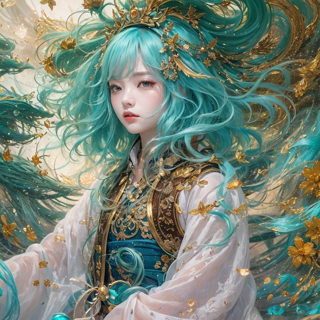 鹅黄 blue colors，enamel，agate，A flesh-colored world，Blood Blue Maiden 32k（masterpiece，HD，Aoyama Pond，Ultra high quality，32k）long flowing bright blue hair，blood pool，Ziddink， a color，Grumpy （After greeting）， （Linen scarf）， fighting stance， looking at the ground， long 鹅黄 hair， Floating bright blue， Fire cloud gold headdress， Chinese long-sleeved gold silk burgundy garment， （Abstract metaverse splash：1.2）， White background，Peony flower vitality protector（realistically：1.4），bright purple hair，Smoke on the road，The background is very pure， high resolution， detail， RAW photos， Sharp Re， Nikon D850 film photo by Jefferies Lee 4 Kodak Portra 400 camera F1.6 guns, colorful, Ultra-realistic and vivid textures, dramatic lighting, Unreal Engine Art Station Trend, Sinest 800，一个有着long flowing bright blue hair的女孩，Huge colorful bubbles鹅黄