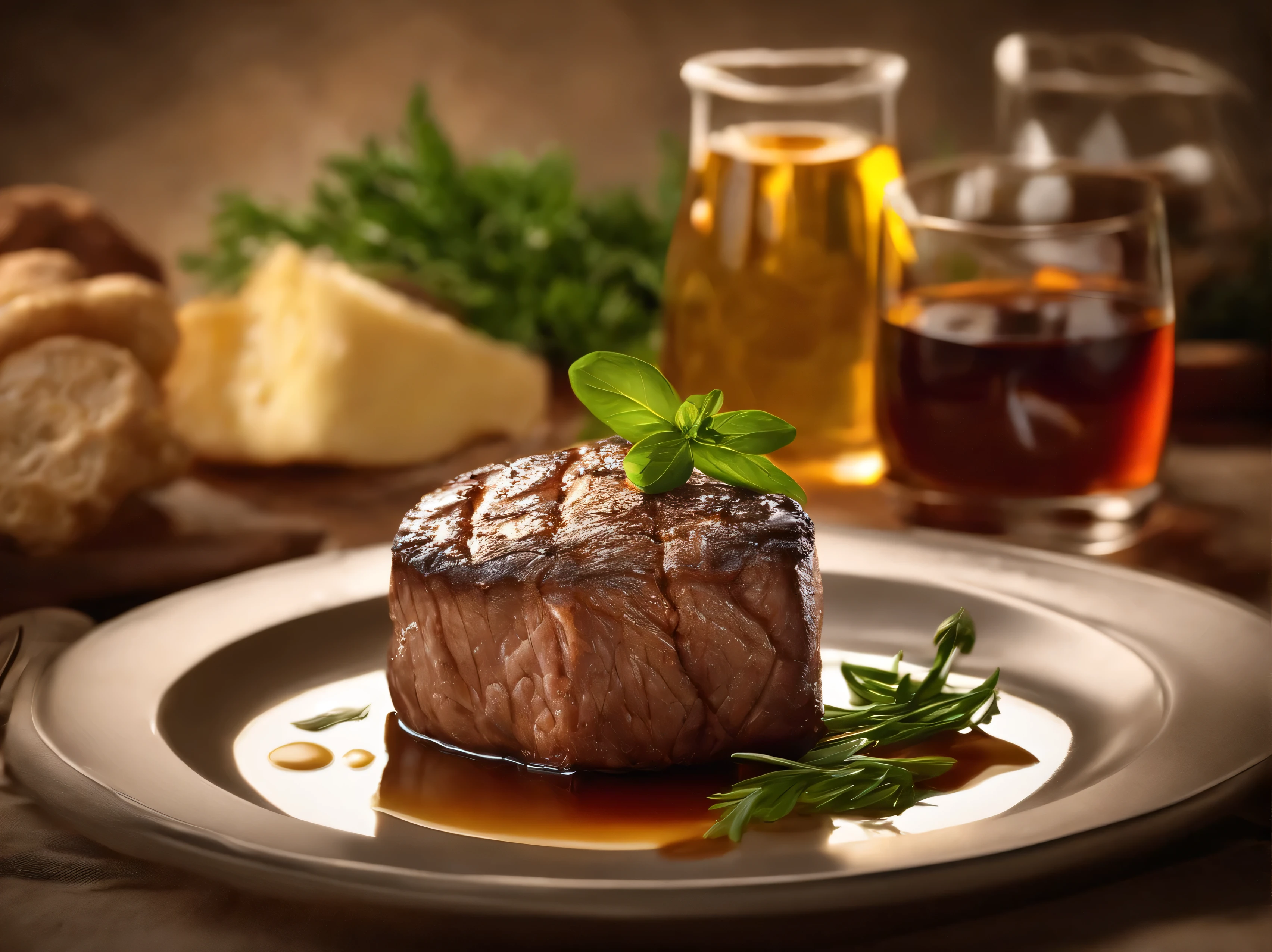 epic realistic, filet mignon medium rare with melting butter on top, food art, realistic render, dramatic lighting masterpiece, depth of field, best quality, intricate, (lens flare:0. 7), (bloom:0. 7), tone mapped, highly detailed, (Masterpiece:1. 3), (best quality:1. 3), (natural skin texture, hyperrealism, soft light, muted colors), background, rutkowski, rim light