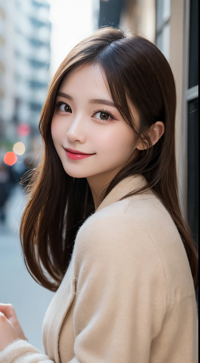 table top, highest quality, shape, Super detailed, finely, High resolution, 8k wallpaper, 完璧なダイナミックな構shape, beautiful and detailed eyes, straight hair, small breasts, natural color lip, random sexy pose,smile,20 year old girl、midnight、美しくdetailed face、perfect and beautiful face,Big eyes、RAW photo、Expressing feminine poses with your whole body、beautiful and detailed eyes、small face、beautiful duplex、slim face and style,luxury brand mink coat(internal：winter dress)、beautiful golden ratio face,twin ponytail hair,bright look,Photographed focusing on beautiful legs、real photos、 (get closer to the face, enlarge the face, face focus:1.0), break, (masterpiece, highest quality, Super detailed, detailed face, 8k)、real photos、perfect and beautiful face、blur the background、smile