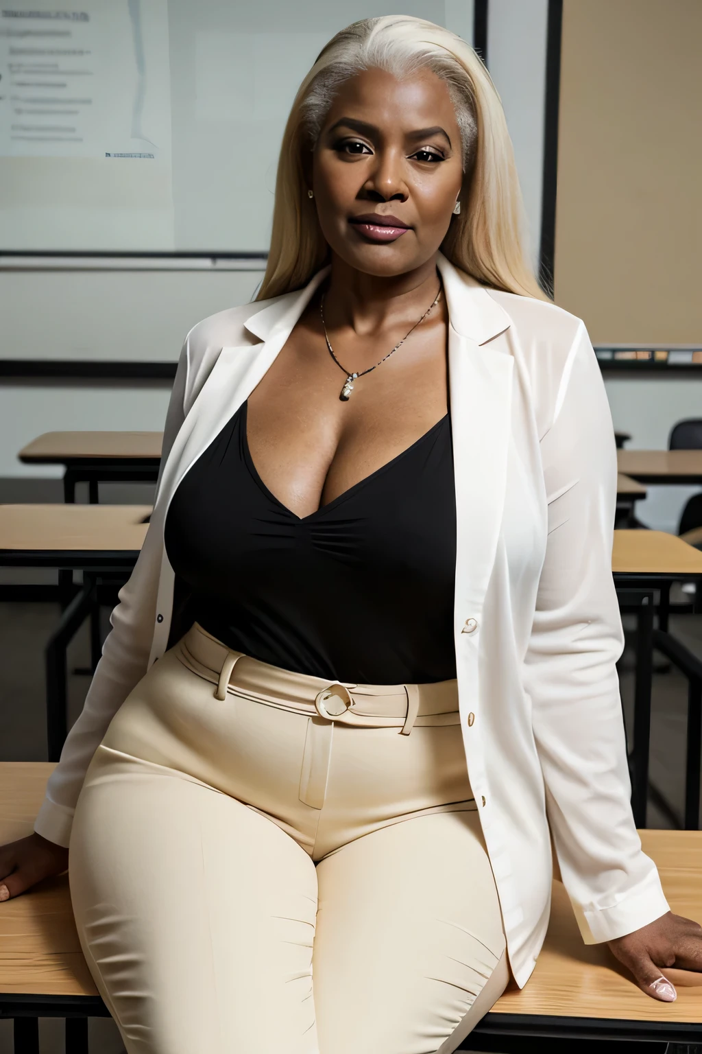 moda gorda, uma linda e velha negra, 70 anos, curvy body, wearing a pair of pants, vestindo blusa linda, Realista, Gordinho, intricado, hyper Realista, 8K, intricadoly detailed, cinematic, stunning Realista photography, rosto perfeitamente detalhado, altamente detalhado, vibrante, pele natural, Textura de pele real, octane rendering, cabelo longo branco, cara feliz, It is, (in a clIt isroom), neckless, pulseiras, decote, usando um belo brazzer, vestindo um jaleco, sentado em uma mesa