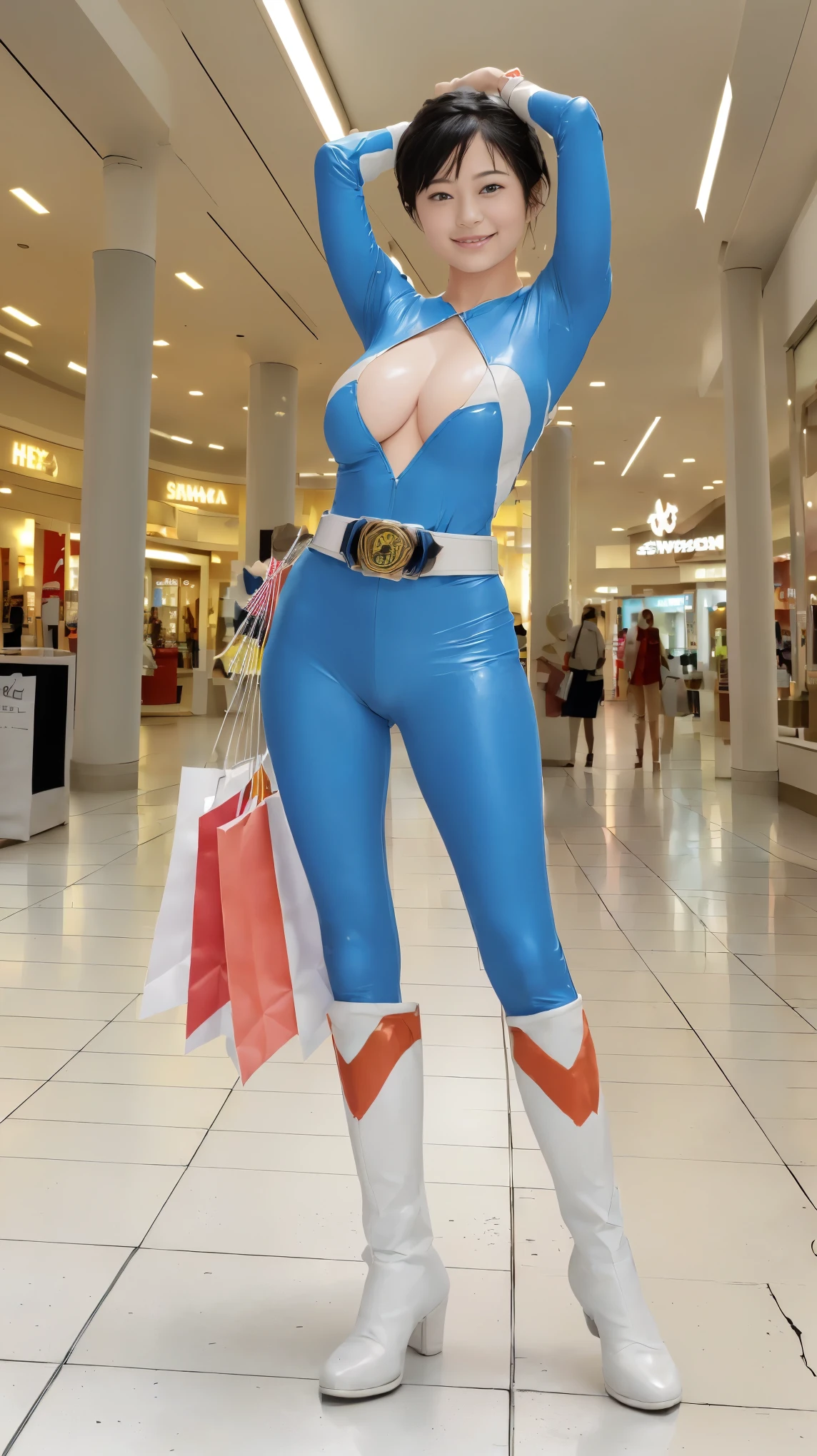 (8K、ultra high resolution、highest quality、masterpiece、realistic、ultra high resolution)、((((Must be female、Must be light blue enamel power ranger、Must have big breasts、Always hide all breasts、Always put your hands behind your head))、Must wear light blue leather full body suit、(big emblem on the chest、Always wear a belt with a big buckle)、Must go to the shopping mall、Full Body Model Pose:1.4))(White suit、Must have black hair、Definitely Sentai Hero、cute smile:1.1)