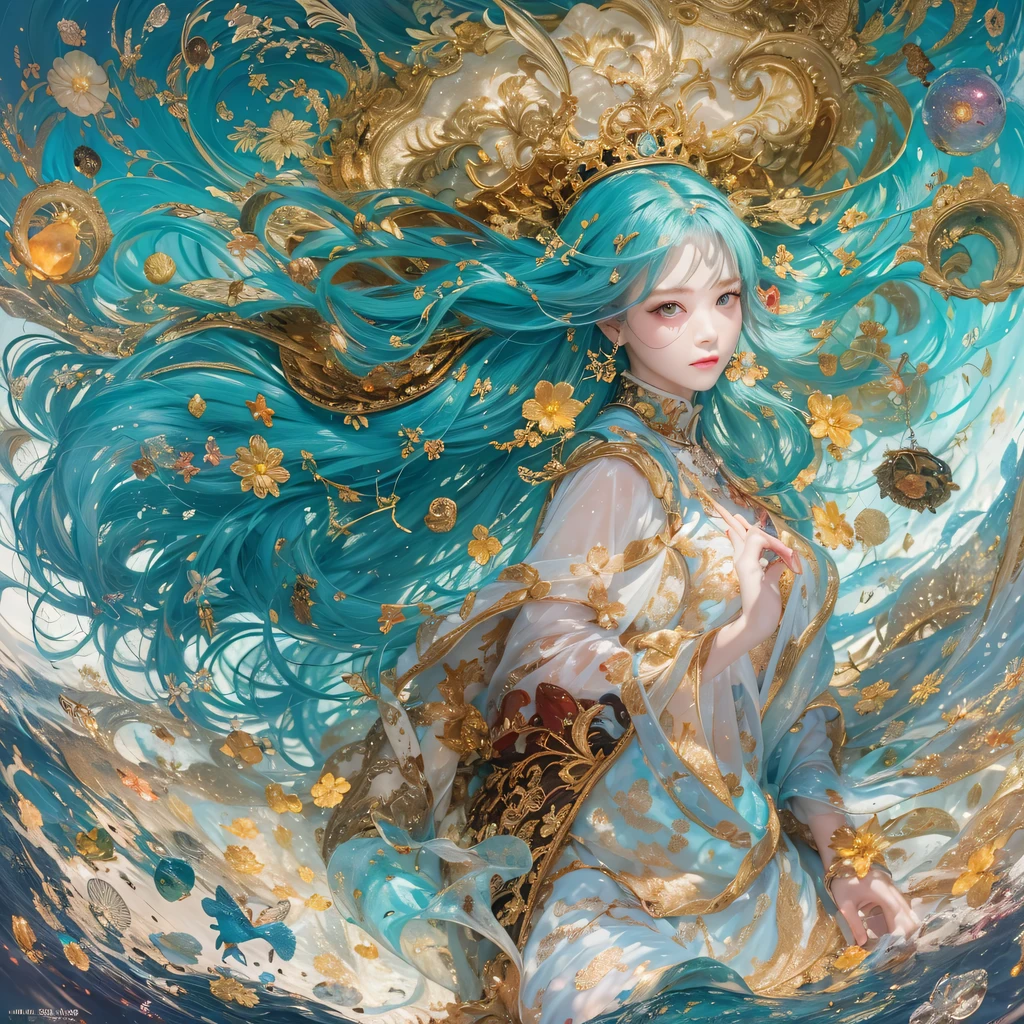 鹅黄 blue colors，enamel，agate，A flesh-colored world，Blood Blue Maiden 32k（masterpiece，HD，Aoyama Pond，Ultra high quality，32k）long flowing bright blue hair，blood pool，Ziddink， a color，Grumpy （After greeting）， （Linen scarf）， fighting stance， looking at the ground， long 鹅黄 hair， Floating bright blue， Fire cloud gold headdress， Chinese long-sleeved gold silk burgundy garment， （Abstract metaverse splash：1.2）， White background，Peony flower vitality protector（realistically：1.4），bright purple hair，Smoke on the road，The background is very pure， high resolution， detail， RAW photos， Sharp Re， Nikon D850 film photo by Jefferies Lee 4 Kodak Portra 400 camera F1.6 guns, colorful, Ultra-realistic and vivid textures, dramatic lighting, Unreal Engine Art Station Trend, Sinest 800，一个有着long flowing bright blue hair的女孩，Huge colorful bubbles鹅黄