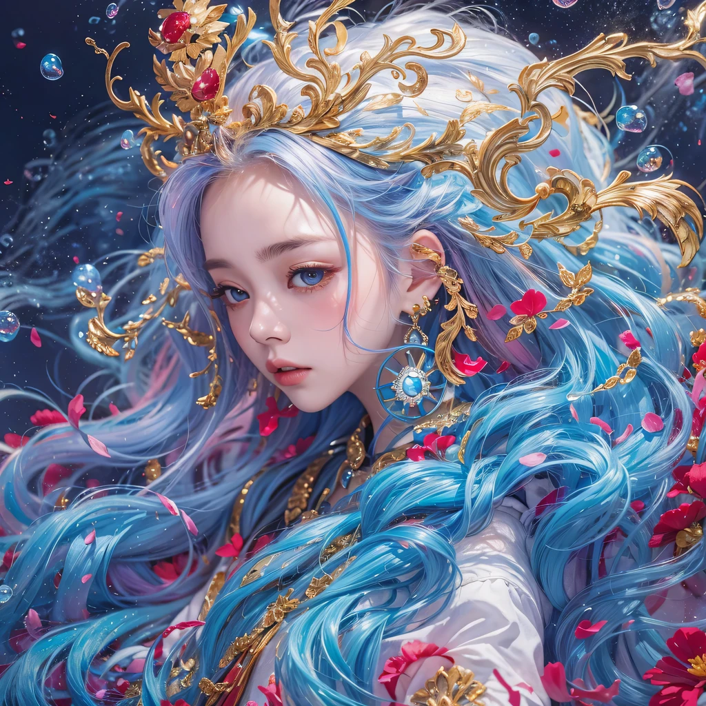 鹅黄 blue colors,enamel,agate,A flesh-colored world,Blood Blue Maiden 32k(masterpiece,HD,Aoyama Pond,Ultra high quality,32k)long flowing bright blue hair,blood pool,Ziddink, a color,Grumpy (After greeting), (Linen scarf), fighting stance, looking at the ground, long 鹅黄 hair, Floating bright blue, Fire cloud gold headdress, Chinese long-sleeved gold silk burgundy garment, (Abstract metaverse splash:1.2), White background,Peony flower vitality protector(realistically:1.4),bright purple hair,Smoke on the road,The background is very pure, high resolution, detail, RAW photos, Sharp Re, Nikon D850 film photo by Jefferies Lee 4 Kodak Portra 400 camera F1.6 guns, colorful, Ultra-realistic and vivid textures, dramatic lighting, Unreal Engine Art Station Trend, Sinest 800,一个有着long flowing bright blue hair的女孩,Huge colorful bubbles鹅黄