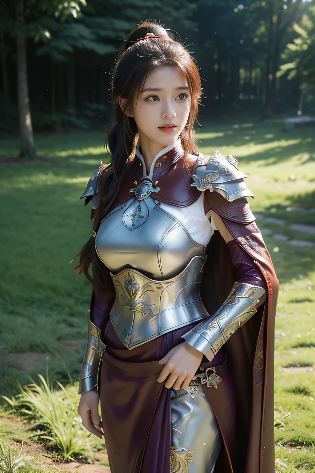masterpiece,Best quality,A high resolution,8K,Original photo,real photo,Ancient city wall battlefield background,((field:1.8)),digital photography,(Female generals on the battlefield in the Han Dynasty),(((standing on the grass))),18-year-old girl,(long ponytail hairstyle),cparted lips,Full and erect breasts,Noble and charming,Elegant and serious,(Thick purple fish scale armor),Long red cape,The combination of white metal and red leather,Chest covered with gold armor,metallic luster,Leather buckle,Exquisite pattern,mysterious badge,Cool and gorgeouig breasts)),Chest groove,Three Kingdoms character painting style,Photo pose,oc render reflection texture,bright shades,stand in the sun,No shadows on the face,charming smile,Head-up shot,