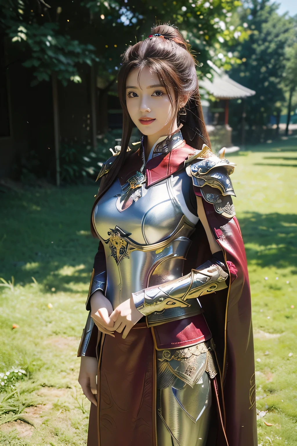 masterpiece,Best quality,A high resolution,8K,Original photo,real photo,Ancient city wall battlefield background,((field:1.8)),digital photography,(Female generals on the battlefield in the Han Dynasty),(((standing on the grass))),18-year-old girl,(long ponytail hairstyle),cparted lips,Full and erect breasts,Noble and charming,Elegant and serious,(Thick purple fish scale armor),Long red cape,The combination of white metal and red leather,Chest covered with gold armor,metallic luster,Leather buckle,Exquisite pattern,mysterious badge,Cool and gorgeouig breasts)),Chest groove,Three Kingdoms character painting style,Photo pose,oc render reflection texture,bright shades,stand in the sun,No shadows on the face,charming smile,Head-up shot,
