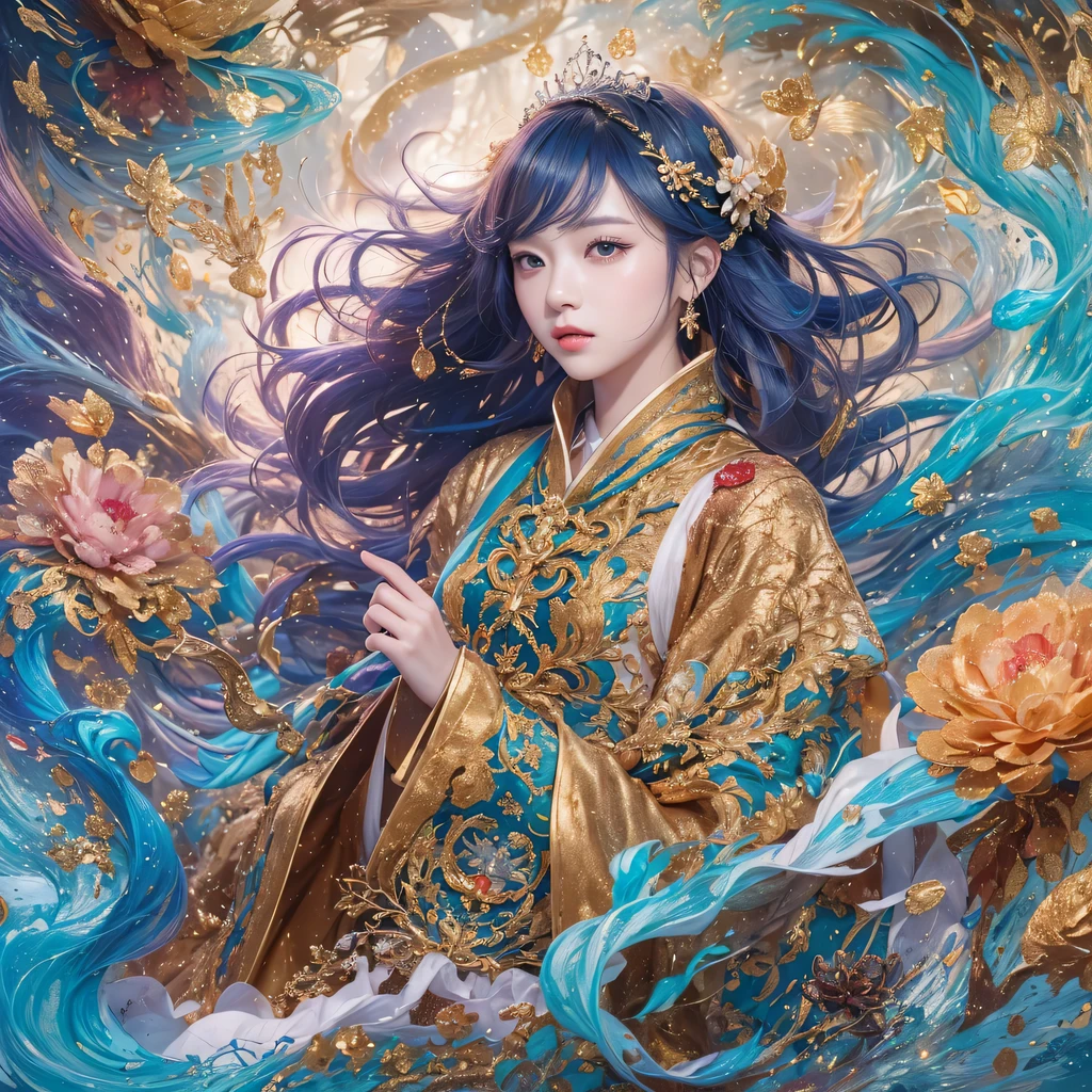 鹅黄 blue colors,enamel,agate,A flesh-colored world,Blood Blue Maiden 32k(masterpiece,HD,Aoyama Pond,Ultra high quality,32k)long flowing bright blue hair,blood pool,Ziddink, a color,Grumpy (After greeting), (Linen scarf), fighting stance, looking at the ground, long 鹅黄 hair, Floating bright blue, Fire cloud gold headdress, Chinese long-sleeved gold silk burgundy garment, (Abstract metaverse splash:1.2), White background,Peony flower vitality protector(realistically:1.4),bright purple hair,Smoke on the road,The background is very pure, high resolution, detail, RAW photos, Sharp Re, Nikon D850 film photo by Jefferies Lee 4 Kodak Portra 400 camera F1.6 guns, colorful, Ultra-realistic and vivid textures, dramatic lighting, Unreal Engine Art Station Trend, Sinest 800,一个有着long flowing bright blue hair的女孩,Huge colorful bubbles鹅黄