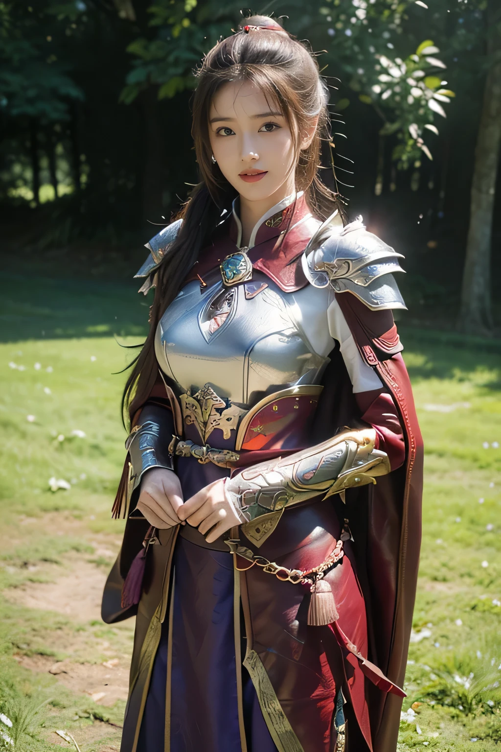 masterpiece,Best quality,A high resolution,8K,Original photo,real photo,Ancient city wall battlefield background,((field:1.8)),digital photography,(Female generals on the battlefield in the Han Dynasty),(((standing on the grass))),18-year-old girl,(long ponytail hairstyle),cparted lips,Full and erect breasts,Noble and charming,Elegant and serious,(Thick purple fish scale armor),Long red cape,The combination of white metal and red leather,Chest covered with gold armor,metallic luster,Leather buckle,Exquisite pattern,mysterious badge,Cool and gorgeouig breasts)),Chest groove,Three Kingdoms character painting style,Photo pose,oc render reflection texture,bright shades,No shadows on the face,charming smile,Head-up shot,