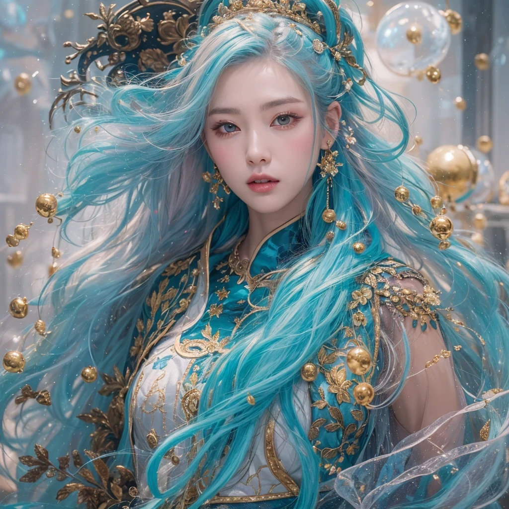 鹅黄 blue colors,enamel,agate,A flesh-colored world,Blood Blue Maiden 32k(masterpiece,HD,Aoyama Pond,Ultra high quality,32k)long flowing bright blue hair,blood pool,Ziddink, a color,Grumpy (After greeting), (Linen scarf), fighting stance, looking at the ground, long 鹅黄 hair, Floating bright blue, Fire cloud gold headdress, Chinese long-sleeved gold silk burgundy garment, (Abstract metaverse splash:1.2), White background,Peony flower vitality protector(realistically:1.4),bright purple hair,Smoke on the road,The background is very pure, high resolution, detail, RAW photos, Sharp Re, Nikon D850 film photo by Jefferies Lee 4 Kodak Portra 400 camera F1.6 guns, colorful, Ultra-realistic and vivid textures, dramatic lighting, Unreal Engine Art Station Trend, Sinest 800,一个有着long flowing bright blue hair的女孩,Huge colorful bubbles鹅黄