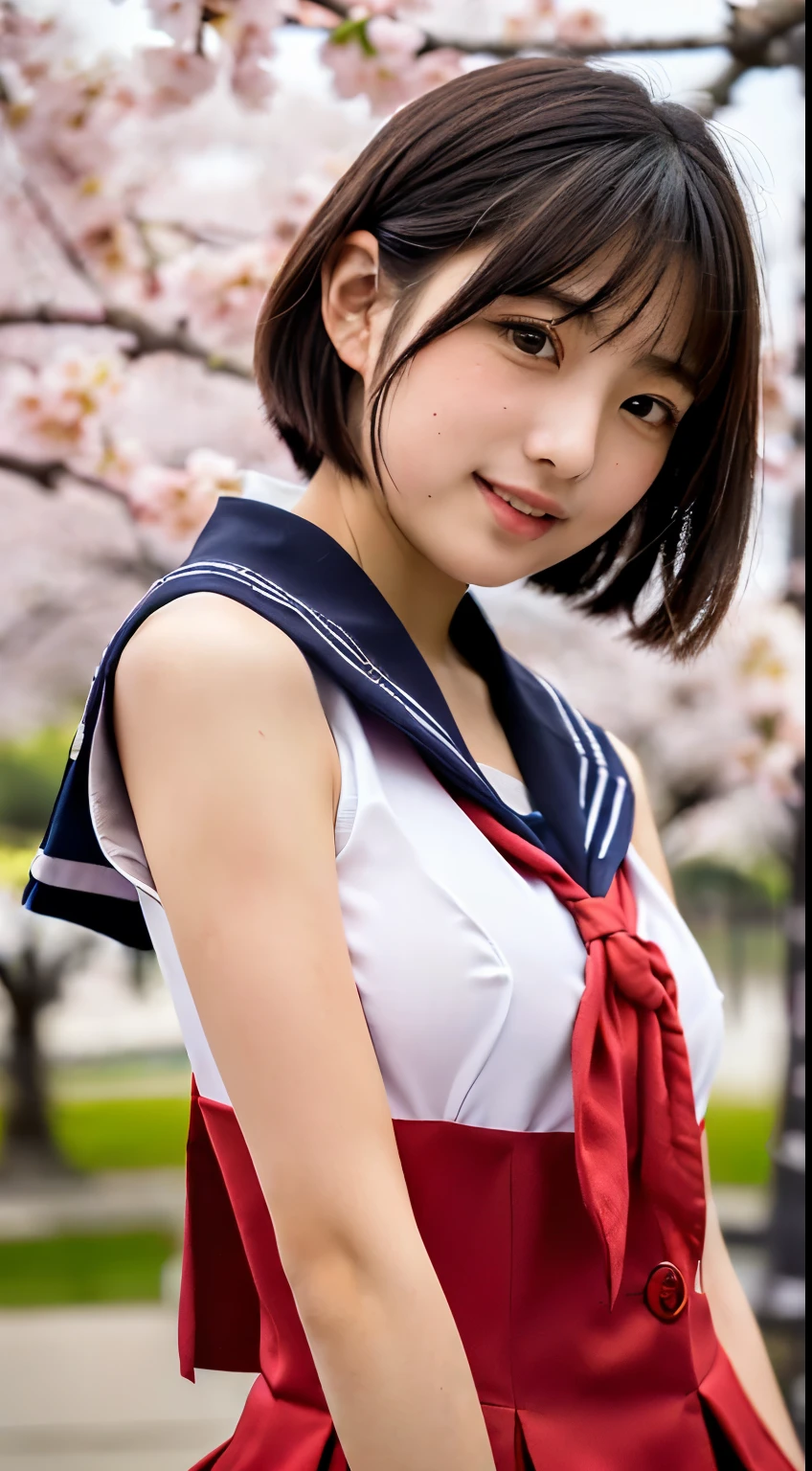 (((beautiful japanese high school girl))) 、1 person、short hair、(((At the cherry blossom trees in bloom)))、doing a sexy pose、(((A revealing sleeveless red sailor suit)))、(((mile))、photorealistic、With a clearer image、beautiful detailed eyes、hyper realism、high contrast、Ultra HD、realistic skin texture、Highest image quality、highest quality、ultra high resolution、Finely detailed、very carefully