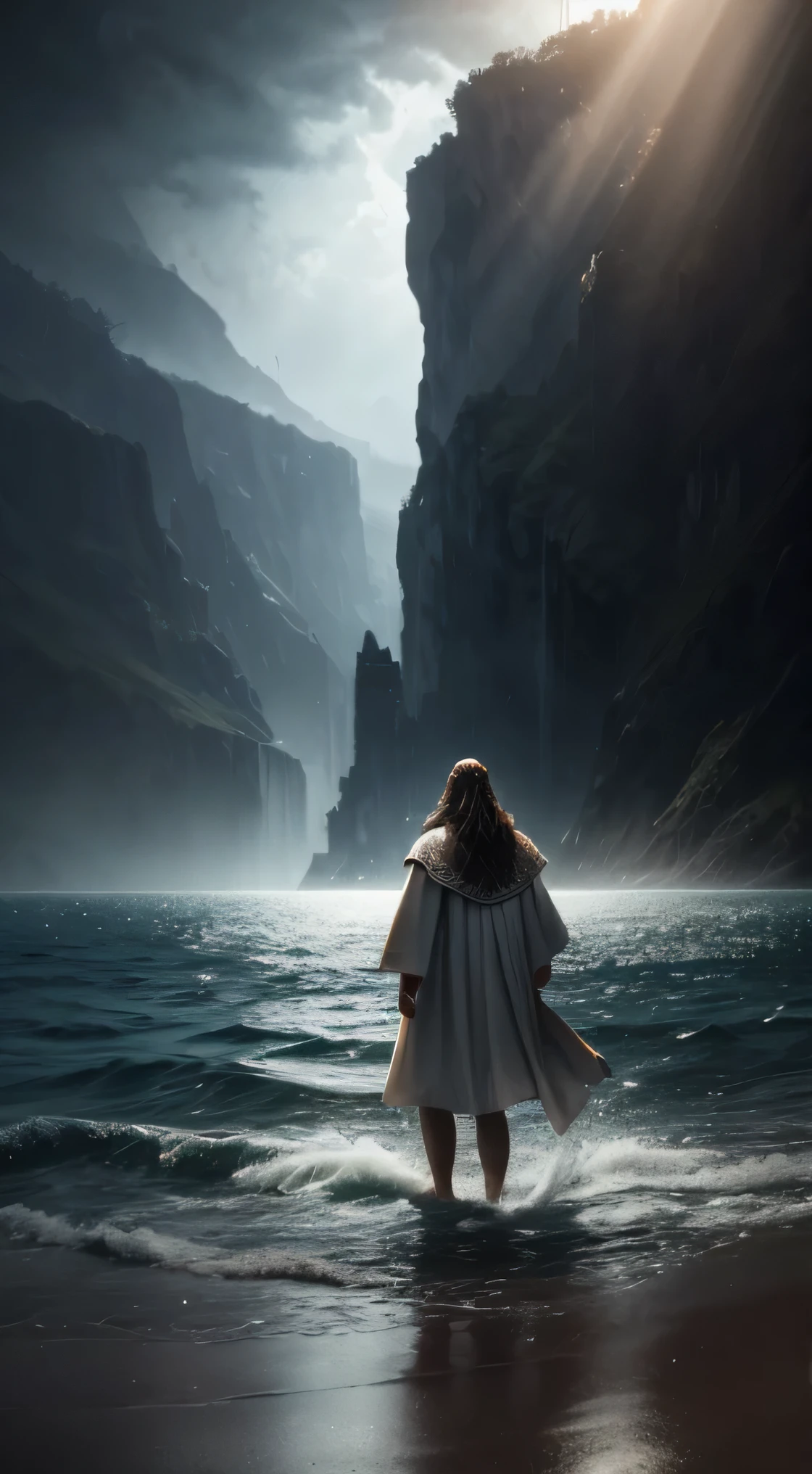 Jesus walking on water in a storm, obra de arte, melhor qualidade, alta qualidade, extremamente detalhado CG unit 8k wallpaper, fotografia premiada, bokeh, profundidade de campo, hdr, florescer, Chromatic aberration, fotorrealista, extremamente detalhado, trends on Artstation, trends at CGSociety, intricado, Alto detalhe, Dramatic, arte no meio da viagem, volumetric lighting