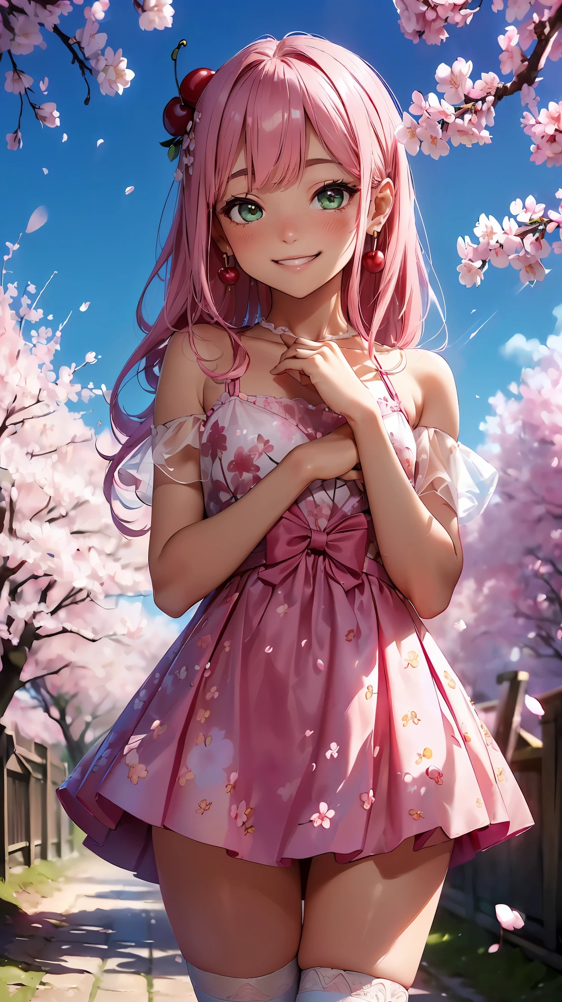 (8k, RAW photo, 最high quality, masterpiece:1.2), High-definition RAW color photo, Professional photo shoot, cinematic light, alone, (((cherry blossom woman, cherry blossom fairy))), (detailed expression), (small face), (high detail skin:1.2), clavicle, cute face, beautiful appearance, long eyelashes, (pink hair, long straight hair, green eyes), ((Pink earrings)), (slim body shape:1.4), very detailed顔と肌の質感, fine eyes, double eyelid, (((shy smile:1.5))), ((asymmetrical bangs:1.2)), ((natural posture:1.5, photo shootのためポーズをとる, sexy pose)), (Cherry blossom forest scenery:1.5, background full of cherry blossoms), Joy and excitement, ((sexy shot, pink dress with cherry blossoms, sheer dress, frills and ribbons:1.2, pink knee highs, mini skirt, seductive thighs, Dazzling aura around, The Art of Light)), (Scattered cherry blossom petals:1.5), beautiful skin, shiny skin, perfect fingers, five fingers, anatomically correct, background bokeh, high quality, surreal, bright colors, ((Nikon, 135㎜, f/1.8, very detailed, Lens flare, photo shoot)),