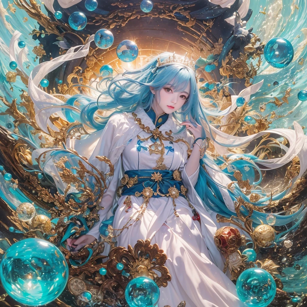 鹅黄 blue colors,enamel,agate,A flesh-colored world,Blood Blue Maiden 32k(masterpiece,HD,Aoyama Pond,Ultra high quality,32k)long flowing bright blue hair,blood pool,Ziddink, a color,Grumpy (After greeting), (Linen scarf), fighting stance, looking at the ground, long 鹅黄 hair, Floating bright blue, Fire cloud gold headdress, Chinese long-sleeved gold silk burgundy garment, (Abstract metaverse splash:1.2), White background,Peony flower vitality protector(realistically:1.4),bright purple hair,Smoke on the road,The background is very pure, high resolution, detail, RAW photos, Sharp Re, Nikon D850 film photo by Jefferies Lee 4 Kodak Portra 400 camera F1.6 guns, colorful, Ultra-realistic and vivid textures, dramatic lighting, Unreal Engine Art Station Trend, Sinest 800,一个有着long flowing bright blue hair的女孩,Huge colorful bubbles鹅黄