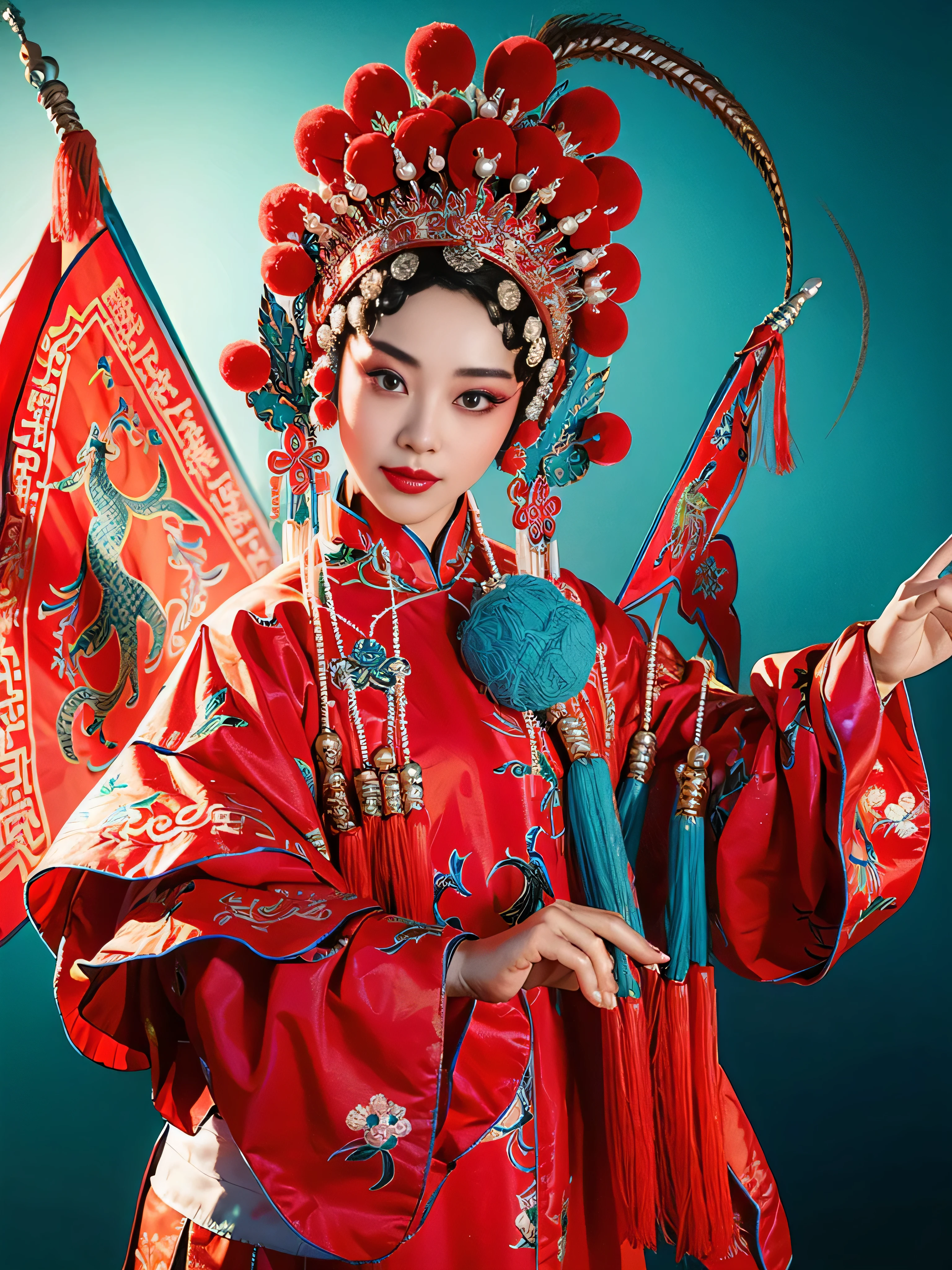 8k，portrait photos，Picture quality，。1 girl， Crown of Brothers， from the front， looking at the audience， beautiful makeup，Exquisite headdress。中国Traditional Peking Opera，Intangible Cultural Heritage，Traditional Peking Opera。 （（（flag of China Opera House）））， flag coming from behind，upper part of body，Gorgeous costumes， pearl，nipple tassel。China red，cloisonne