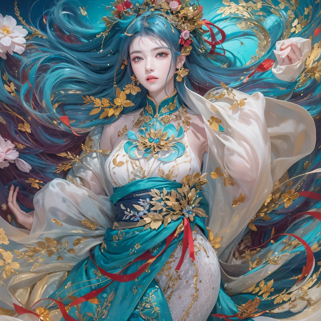 鹅黄 blue colors，enamel，agate，A flesh-colored world，Blood Blue Maiden 32k（masterpiece，HD，Aoyama Pond，Ultra high quality，32k）long flowing bright blue hair，blood pool，Ziddink， a color，Grumpy （After greeting）， （Linen scarf）， fighting stance， looking at the ground， long 鹅黄 hair， Floating bright blue， Fire cloud gold headdress， Chinese long-sleeved gold silk burgundy garment， （Abstract metaverse splash：1.2）， White background，Peony flower vitality protector（realistically：1.4），bright purple hair，Smoke on the road，The background is very pure， high resolution， detail， RAW photos， Sharp Re， Nikon D850 film photo by Jefferies Lee 4 Kodak Portra 400 camera F1.6 guns, colorful, Ultra-realistic and vivid textures, dramatic lighting, Unreal Engine Art Station Trend, Sinest 800，一个有着long flowing bright blue hair的女孩，Huge colorful bubbles鹅黄