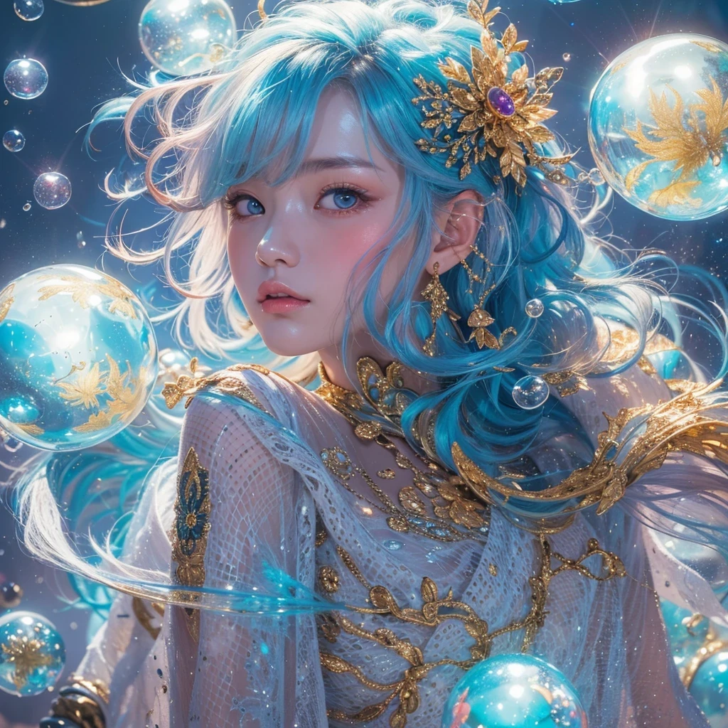 鹅黄 blue colors，enamel，agate，A flesh-colored world，Blood Blue Maiden 32k（masterpiece，HD，Aoyama Pond，Ultra high quality，32k）long flowing bright blue hair，blood pool，Ziddink， a color，Grumpy （After greeting）， （Linen scarf）， fighting stance， looking at the ground， long 鹅黄 hair， Floating bright blue， Fire cloud gold headdress， Chinese long-sleeved gold silk burgundy garment， （Abstract metaverse splash：1.2）， White background，Peony flower vitality protector（realistically：1.4），bright purple hair，Smoke on the road，The background is very pure， high resolution， detail， RAW photos， Sharp Re， Nikon D850 film photo by Jefferies Lee 4 Kodak Portra 400 camera F1.6 guns, colorful, Ultra-realistic and vivid textures, dramatic lighting, Unreal Engine Art Station Trend, Sinest 800，一个有着long flowing bright blue hair的女孩，Huge colorful bubbles鹅黄