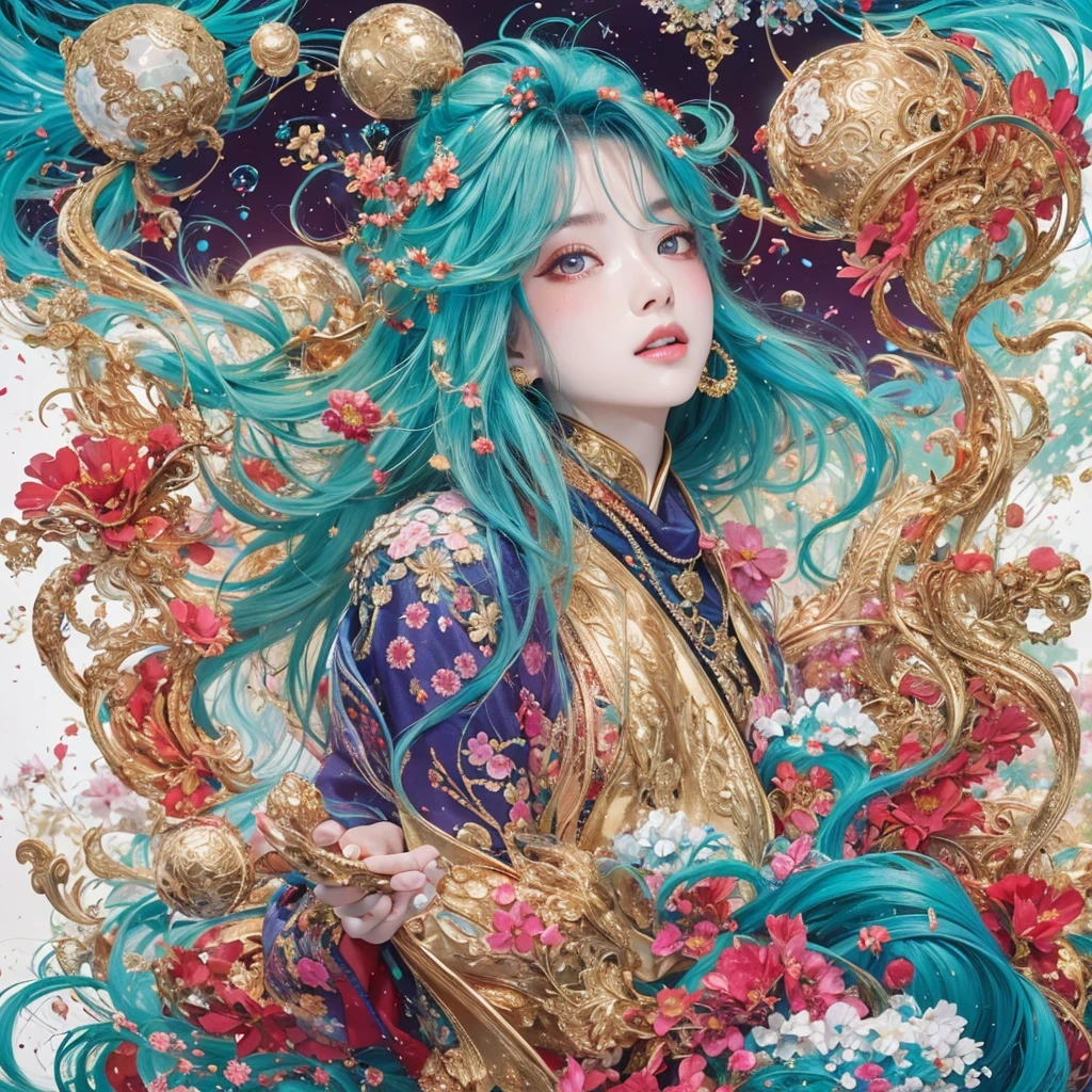 鹅黄 blue colors，enamel，agate，A flesh-colored world，Blood Blue Maiden 32k（masterpiece，HD，Aoyama Pond，Ultra high quality，32k）long flowing bright blue hair，blood pool，Ziddink， a color，Grumpy （After greeting）， （Linen scarf）， fighting stance， looking at the ground， long 鹅黄 hair， Floating bright blue， Fire cloud gold headdress， Chinese long-sleeved gold silk burgundy garment， （Abstract metaverse splash：1.2）， White background，Peony flower vitality protector（realistically：1.4），bright purple hair，Smoke on the road，The background is very pure， high resolution， detail， RAW photos， Sharp Re， Nikon D850 film photo by Jefferies Lee 4 Kodak Portra 400 camera F1.6 guns, colorful, Ultra-realistic and vivid textures, dramatic lighting, Unreal Engine Art Station Trend, Sinest 800，一个有着long flowing bright blue hair的女孩，Huge colorful bubbles鹅黄