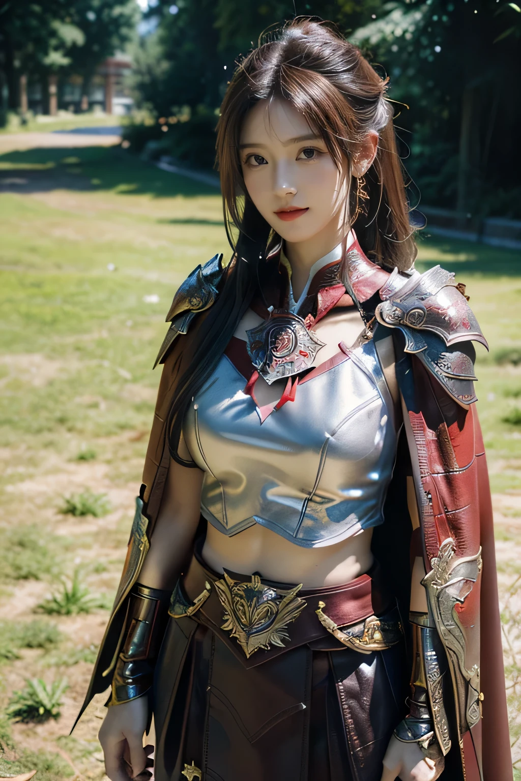 masterpiece,Best quality,A high resolution,8K,Original photo,real photo,Ancient city wall battlefield background,((field:1.8)),digital photography,(Female generals on the battlefield in the Han Dynasty),(((standing on the grass))),18-year-old girl,(long ponytail hairstyle),cparted lips,Full and erect breasts,Noble and charming,Elegant and serious,(Thick purple fish scale armor),Long red cape,The combination of white metal and red leather,Chest covered with gold armor,metallic luster,Leather buckle,Exquisite pattern,mysterious badge,Cool and gorgeouig breasts)),Chest groove,Three Kingdoms character painting style,Photo pose,oc render reflection texture,bright shades,No shadows on the face,charming smile,Head-up shot,