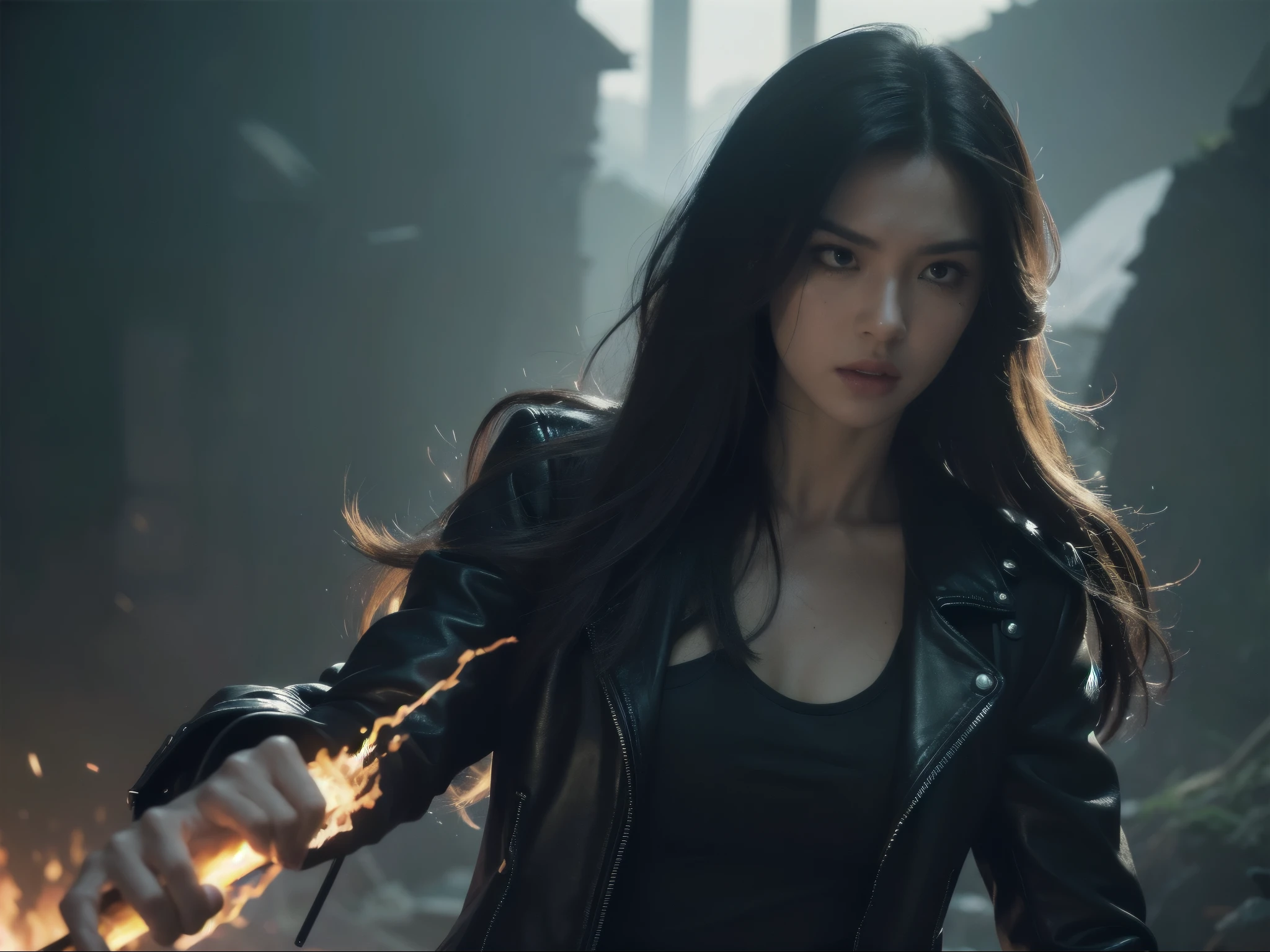 A photorealistic character of a young and beautiful girl with a fierce, wild, and intense appearance. The character has long flowing hair and a face that shows an angry or wild expression. full of cuts on her face, head and arms. She wearing a black leather jacket,. In both hands, the girl holds weapons; one appears to be a pistol, while the other hand is equipped with machete. Behind her there are flashes of light or lightning and fire, creating a dramatic, colorful effect. Various objects, including weapons and skulls, surround this character, adding to the intense, eerie, and full-color atmosphere.