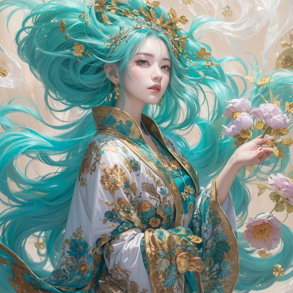 鹅黄 blue colors,enamel,agate,A flesh-colored world,Blood Blue Maiden 32k(masterpiece,HD,Aoyama Pond,Ultra high quality,32k)long flowing bright blue hair,blood pool,Ziddink, a color,Grumpy (After greeting), (Linen scarf), fighting stance, looking at the ground, long 鹅黄 hair, Floating bright blue, Fire cloud gold headdress, Chinese long-sleeved gold silk burgundy garment, (Abstract metaverse splash:1.2), White background,Peony flower vitality protector(realistically:1.4),bright purple hair,Smoke on the road,The background is very pure, high resolution, detail, RAW photos, Sharp Re, Nikon D850 film photo by Jefferies Lee 4 Kodak Portra 400 camera F1.6 guns, colorful, Ultra-realistic and vivid textures, dramatic lighting, Unreal Engine Art Station Trend, Sinest 800,一个有着long flowing bright blue hair的女孩,Huge colorful bubbles鹅黄