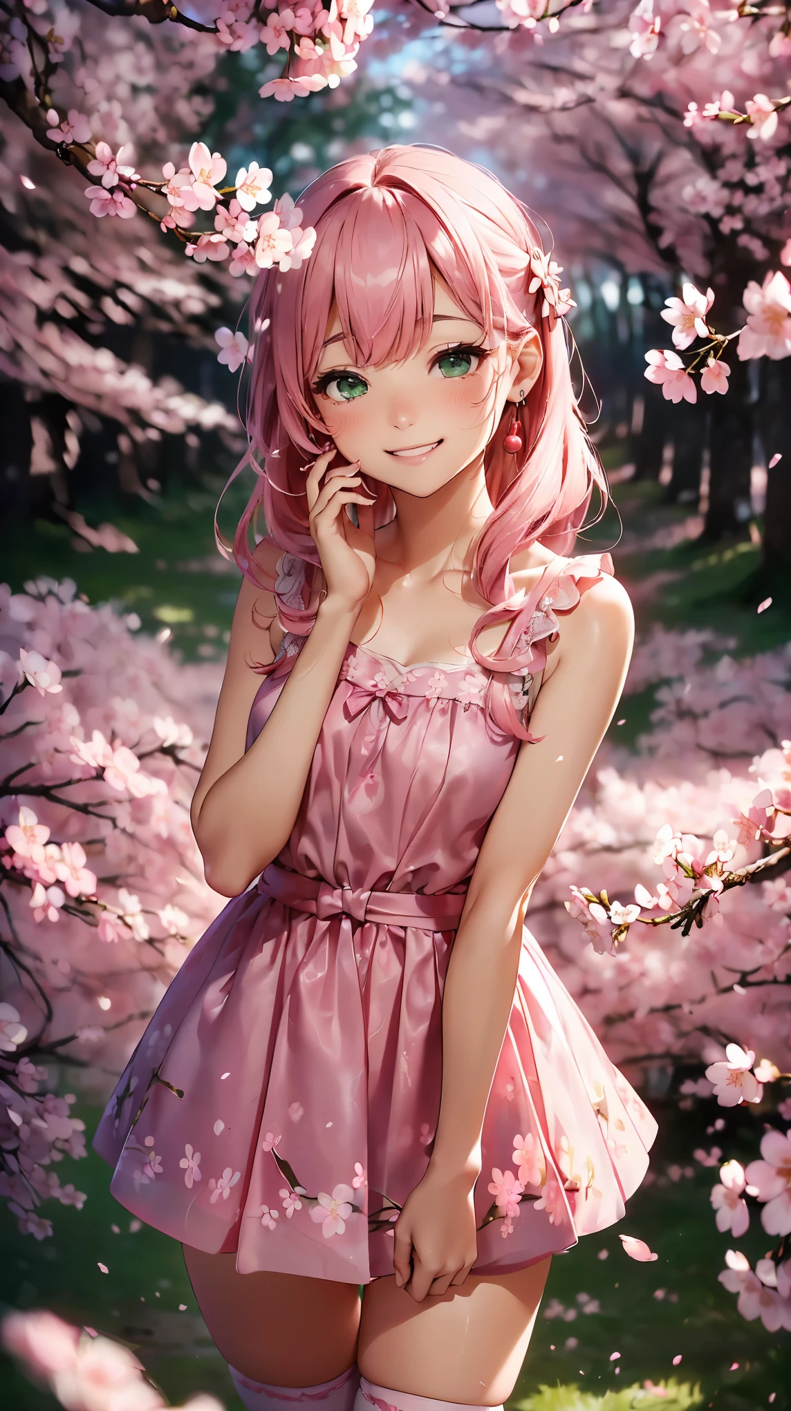 (8k, RAW photo, 最high quality, masterpiece:1.2), High-definition RAW color photo, Professional photo shoot, cinematic light, alone, (((cherry blossom woman, cherry blossom fairy))), (detailed expression), (small face), (high detail skin:1.2), clavicle, cute face, beautiful appearance, long eyelashes, (pink hair, long straight hair, green eyes), ((Pink earrings)), (slim body shape:1.4), very detailed顔と肌の質感, fine eyes, double eyelid, (((shy smile:1.5))), ((asymmetrical bangs:1.2)), ((standing position:1.5, Put your hands behind your head:1.9, photo shootのためポーズをとる, sexy pose)), (Cherry blossom forest scenery:1.5), Joy and excitement, ((sexy shot, pink dress with cherry blossoms, sheer dress, frills and ribbons:1.2, pink knee highs, mini skirt, seductive thighs, Dazzling aura around, The Art of Light)), (Scattered cherry blossom petals:1.5), beautiful skin, shiny skin, perfect fingers, five fingers, anatomically correct, background bokeh, high quality, surreal, bright colors, ((Nikon, 135㎜, f/1.8, very detailed, Lens flare, photo shoot)),