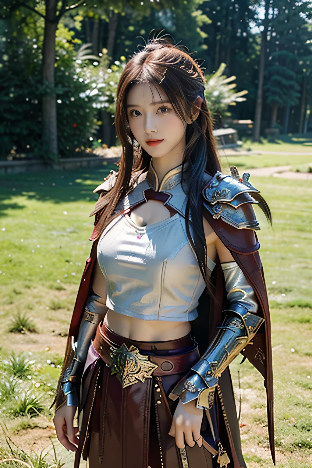 masterpiece,Best quality,A high resolution,8K,Original photo,real photo,Ancient city wall battlefield background,((field:1.8)),digital photography,(Female generals on the battlefield in the Han Dynasty),(((standing on the grass))),18-year-old girl,(long ponytail hairstyle),cparted lips,Full and erect breasts,Noble and charming,Elegant and serious,(Thick purple fish scale armor),Long red cape,The combination of white metal and red leather,Chest covered with gold armor,metallic luster,Leather buckle,Exquisite pattern,mysterious badge,Cool and gorgeouig breasts)),Chest groove,Three Kingdoms character painting style,Photo pose,oc render reflection texture,bright shades,No shadows on the face,charming smile,Head-up shot,