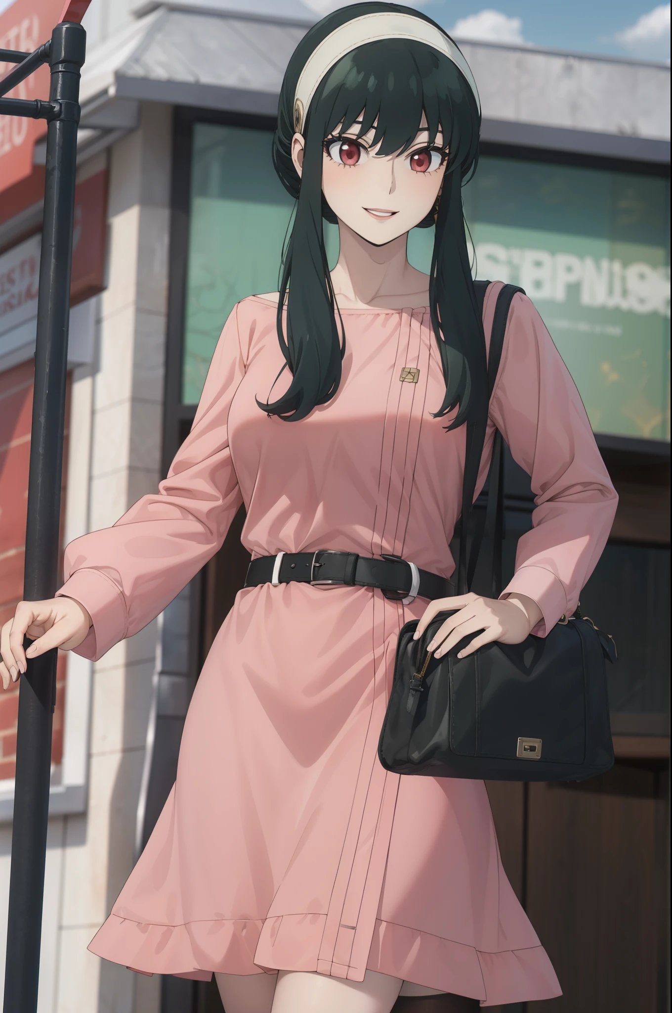 masterpiece, highest quality, 8k, ultra high resolution, highest quality, best writing, beautiful face, (black-green hair:1.3), Long hair Short hair、white hair band、red eyes、(pink formal dress:1.3)、(round neck dress:1.3)、long sleeve, (thick white belt:1.3), (flare skirt:1.3), pearl necklace, outdoors、Background in front of the station, smile, have a handbag, Slender