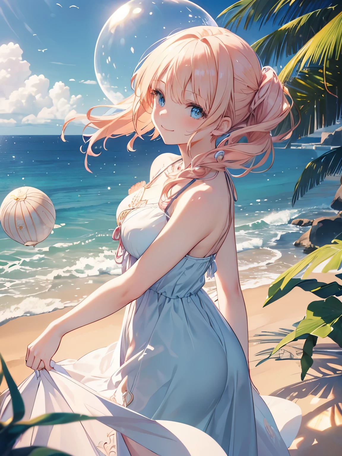 Delicate and beautiful CG artwork),(highest quality, super detailed, High resolution),(dynamic angle, dynamic lighting),(One character),(long pink and blonde hair), blue eyes, beautiful face), 1 girl, (long sideburns, plant, smile, blue long dress, 3d, Ocean, water, beach ball, shell, Sunny, the wind is strong