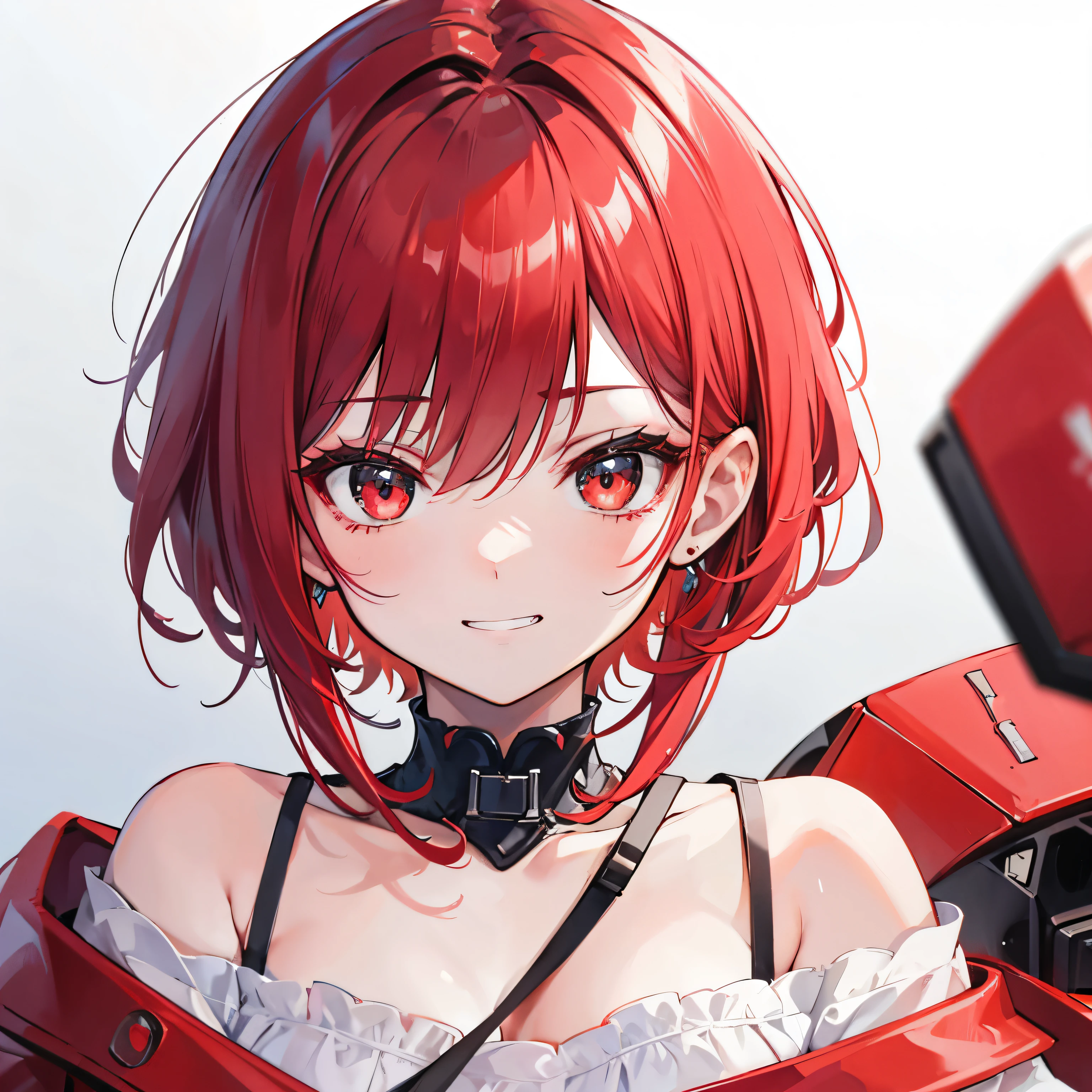 extreme close up, red and white off shoulder short hair,Rin々nice and lovely girl, In the arcade, grin and laugh