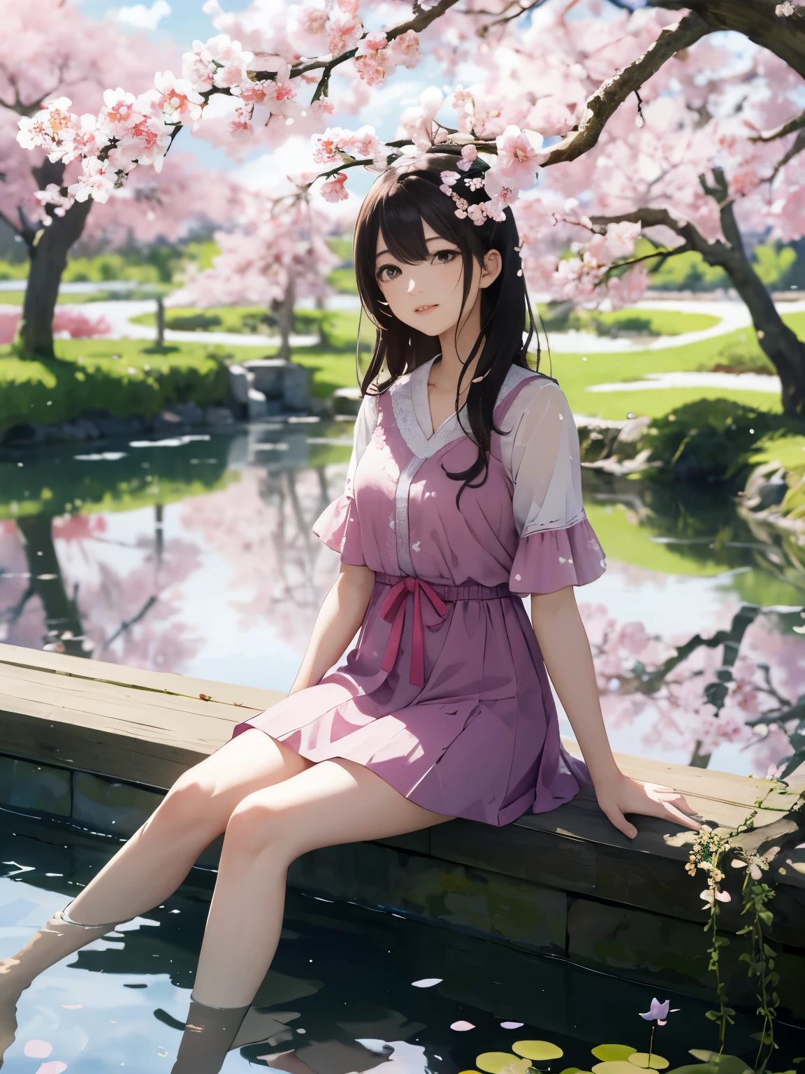 masterpiece, top quality, 16k uhd,
a girl,
sitting in a tranquil garden,
plum blossoms in full bloom,
multiple branches adorned with pink petals,
surrounded by a serene pond,
reflected in the still water,
bright blue sky with scattered white clouds above,
green foliage,
a sense of peace and rejuvenation,