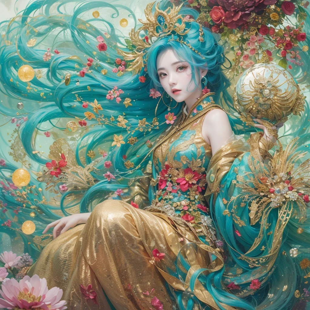 鹅黄 blue colors,enamel,agate,A flesh-colored world,Blood Blue Maiden 32k(masterpiece,HD,Aoyama Pond,Ultra high quality,32k)long flowing bright blue hair,blood pool,Ziddink, a color,Grumpy (After greeting), (Linen scarf), fighting stance, looking at the ground, long 鹅黄 hair, Floating bright blue, Fire cloud gold headdress, Chinese long-sleeved gold silk burgundy garment, (Abstract metaverse splash:1.2), White background,Peony flower vitality protector(realistically:1.4),bright purple hair,Smoke on the road,The background is very pure, high resolution, detail, RAW photos, Sharp Re, Nikon D850 film photo by Jefferies Lee 4 Kodak Portra 400 camera F1.6 guns, colorful, Ultra-realistic and vivid textures, dramatic lighting, Unreal Engine Art Station Trend, Sinest 800,一个有着long flowing bright blue hair的女孩,Huge colorful bubbles鹅黄