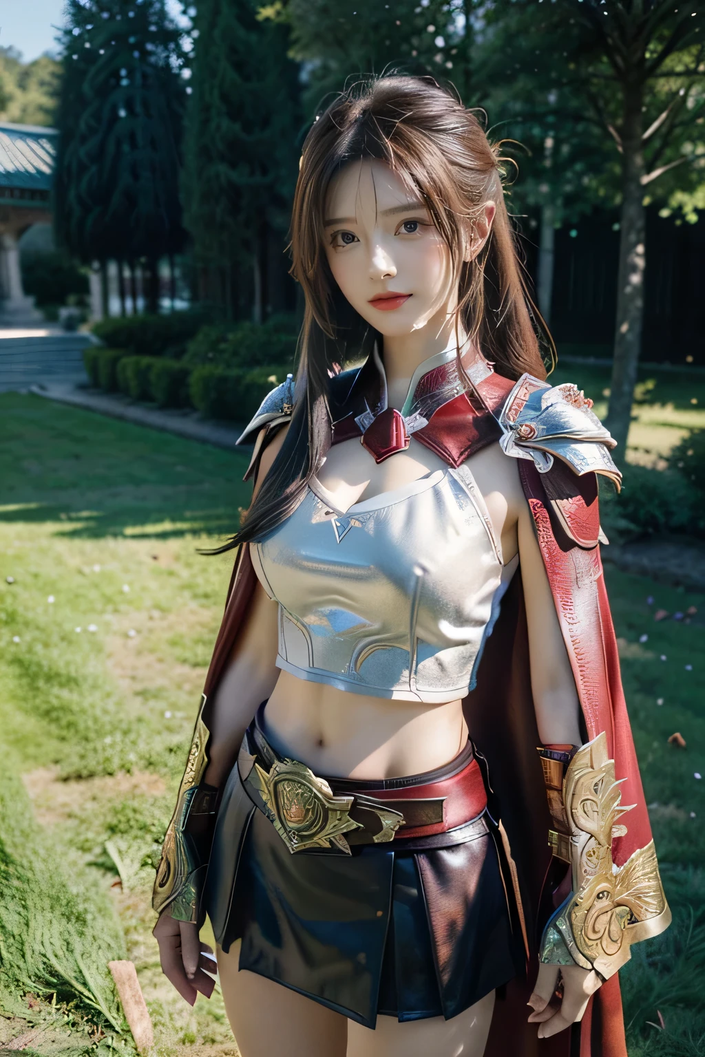 masterpiece,Best quality,A high resolution,8K,Original photo,real photo,Ancient city wall battlefield background,((field:1.8)),digital photography,(Female generals on the battlefield in the Han Dynasty),(((standing on the grass))),18-year-old girl,(long ponytail hairstyle),cparted lips,Full and erect breasts,Noble and charming,Elegant and serious,(Thick purple fish scale armor),Long red cape,The combination of white metal and red leather,Chest covered with gold armor,metallic luster,Leather buckle,Exquisite pattern,mysterious badge,Cool and gorgeouig breasts)),Chest groove,Three Kingdoms character painting style,Photo pose,oc render reflection texture,bright shades,No shadows on the face,charming smile,Head-up shot,