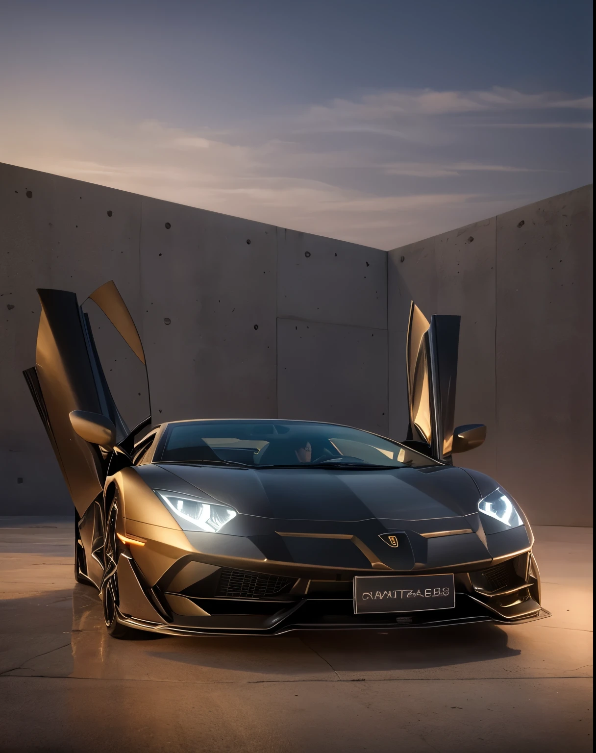 ((hightquality、hight resolution、masterpiece、sharp focus、photographrealistic、Raw photography、lighting like a movie))、(((No humans))), lamborghini aventador SVJ、star wheel、Wide wheel、metallic black color、headlight with light、Dark windows、BLACK accents、gold trim、sunroof、side exhaust、Fire design on front hood、three-quarter front view