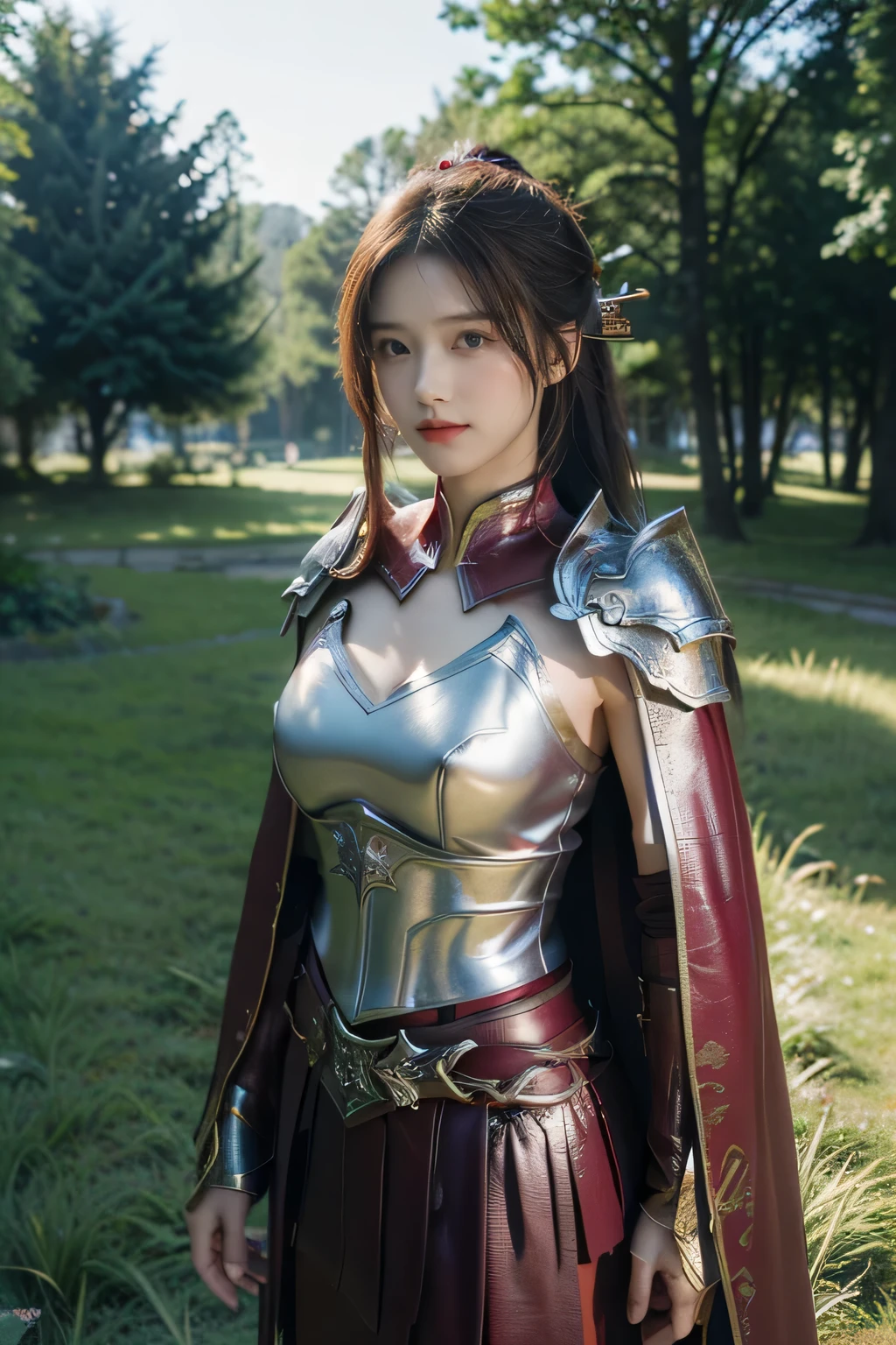 masterpiece,Best quality,A high resolution,8K,Original photo,real photo,Ancient city wall battlefield background,((field:1.8)),digital photography,(Female generals on the battlefield in the Han Dynasty),(((standing on the grass))),18-year-old girl,(long ponytail hairstyle),cparted lips,Full and erect breasts,Noble and charming,Elegant and serious,(Thick purple fish scale armor),Long red cape,The combination of white metal and red leather,Chest covered with gold armor,metallic luster,Leather buckle,Exquisite pattern,mysterious badge,Cool and gorgeouig breasts)),Chest groove,Three Kingdoms character painting style,Photo pose,oc render reflection texture,bright shades,No shadows on the face,charming smile,Head-up shot,