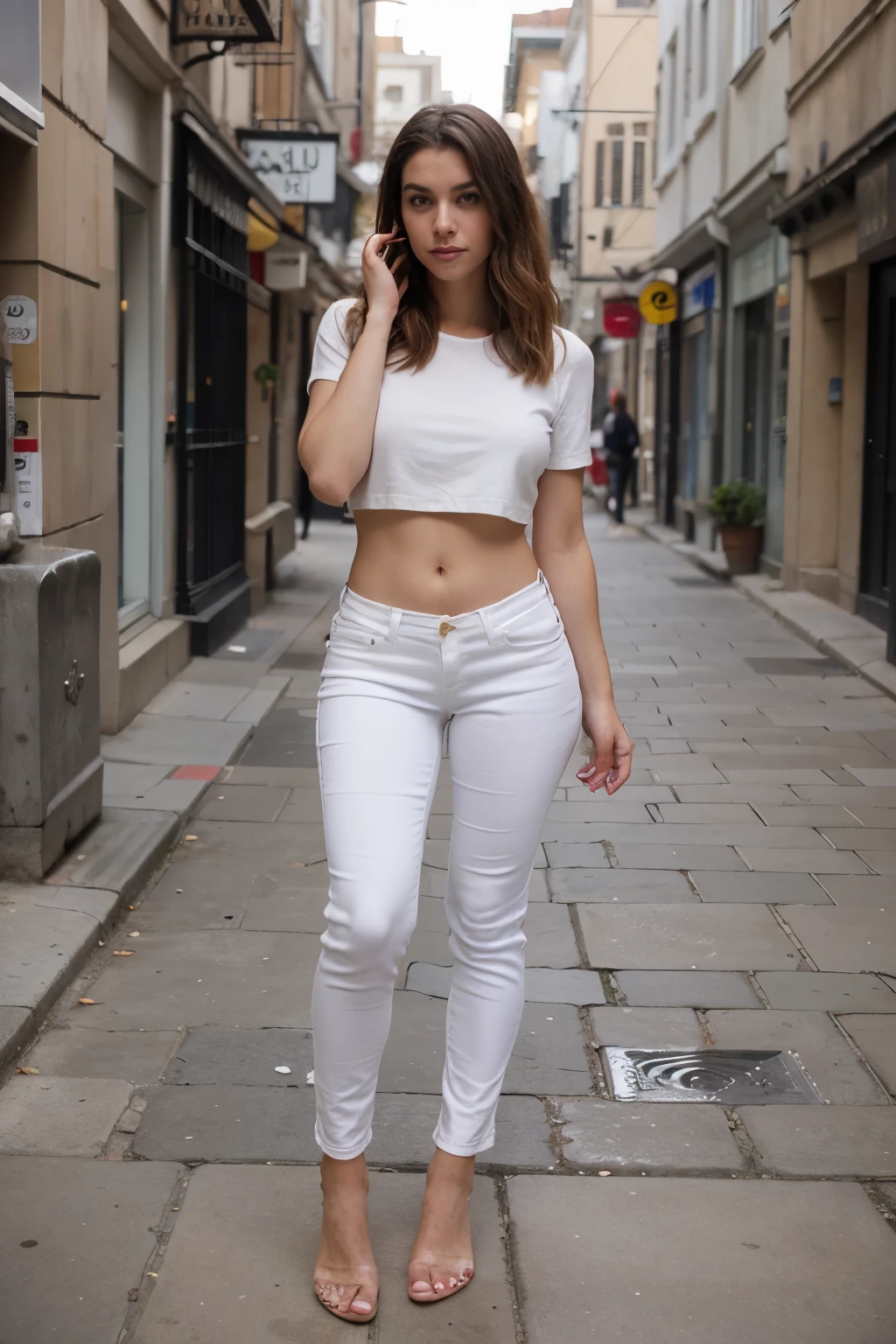 ((Mejor calidad)), ((Obra maestra)), (detallado), cara perfecta, dressed woman  through  streets, stone streets, wearing tight jeans and white top, sexy women, well dressed, bare feet, use shoes, realistic, great detail,  legs open