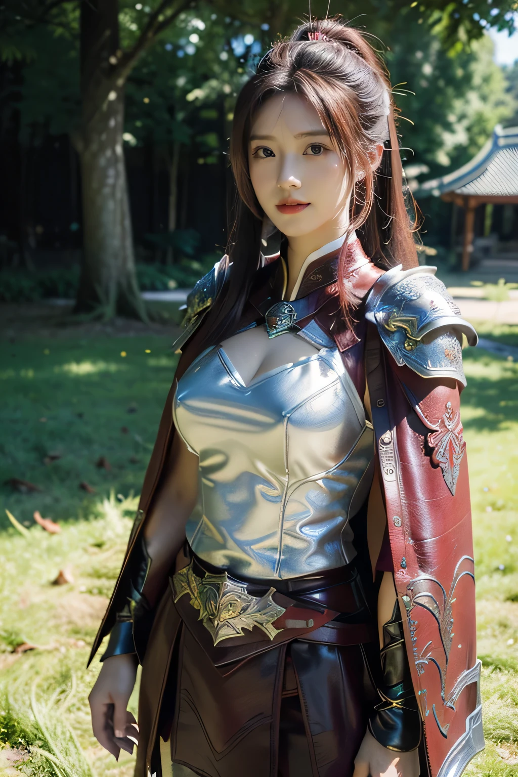 masterpiece,Best quality,A high resolution,8K,Original photo,real photo,Ancient city wall battlefield background,((field:1.8)),digital photography,(Female generals on the battlefield in the Han Dynasty),(((standing on the grass))),18-year-old girl,(long ponytail hairstyle),cparted lips,Full and erect breasts,Noble and charming,Elegant and serious,(Thick purple fish scale armor),Long red cape,The combination of white metal and red leather,Chest covered with gold armor,metallic luster,Leather buckle,Exquisite pattern,mysterious badge,Cool and gorgeouig breasts)),Chest groove,Three Kingdoms character painting style,Photo pose,oc render reflection texture,bright shades,No shadows on the face,charming smile,Head-up shot,