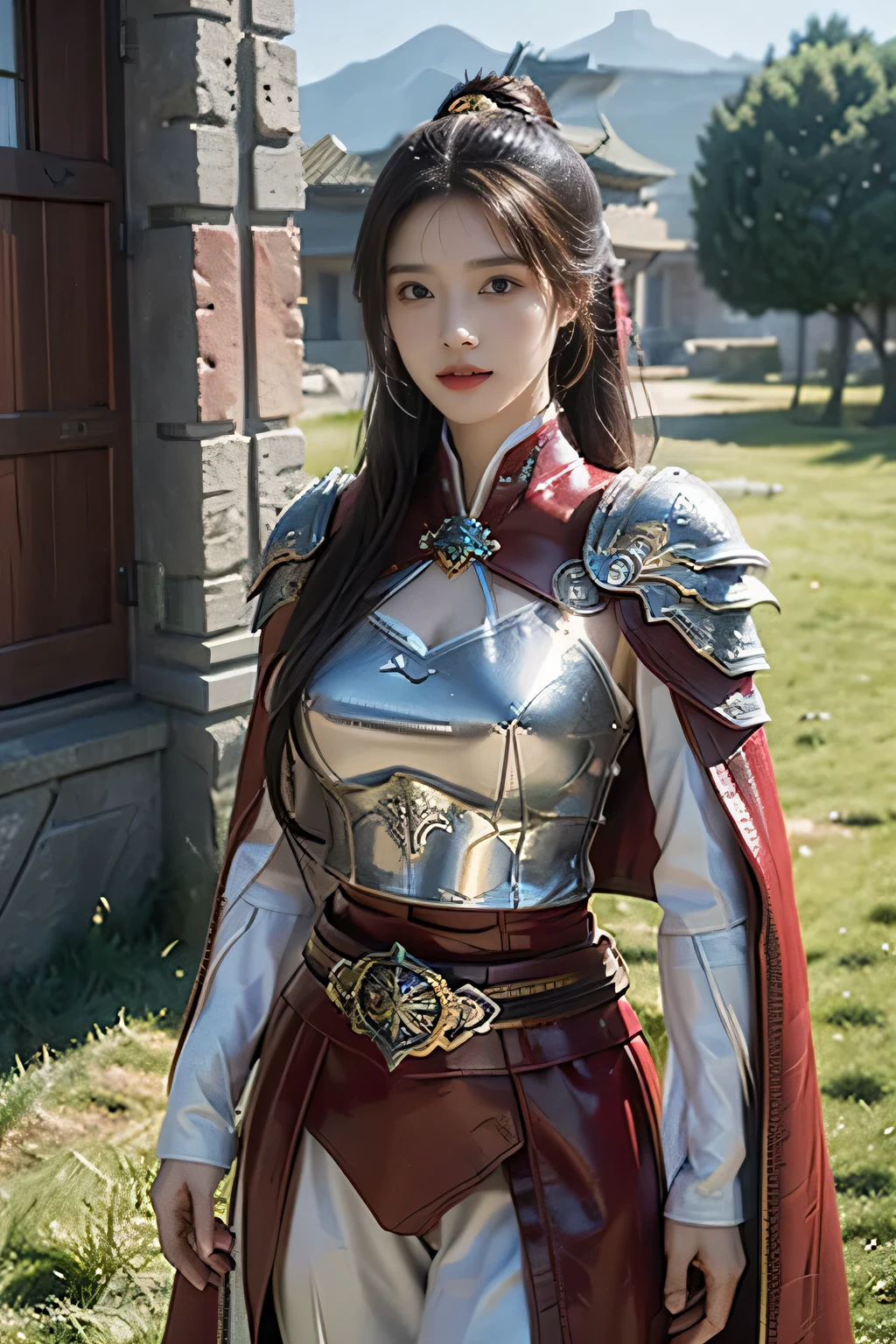 masterpiece,Best quality,A high resolution,8K,Original photo,real photo,Ancient city wall battlefield background,((field:1.8)),digital photography,(Female generals on the battlefield in the Han Dynasty),(((standing on the grass))),18-year-old girl,(long ponytail hairstyle),cparted lips,Full and erect breasts,Noble and charming,Elegant and serious,(Thick purple fish scale armor),Long red cape,The combination of white metal and red leather,Chest covered with gold armor,metallic luster,Leather buckle,Exquisite pattern,mysterious badge,Cool and gorgeouig breasts)),Chest groove,Three Kingdoms character painting style,Photo pose,oc render reflection texture,bright shades,No shadows on the face,charming smile,Head-up shot,