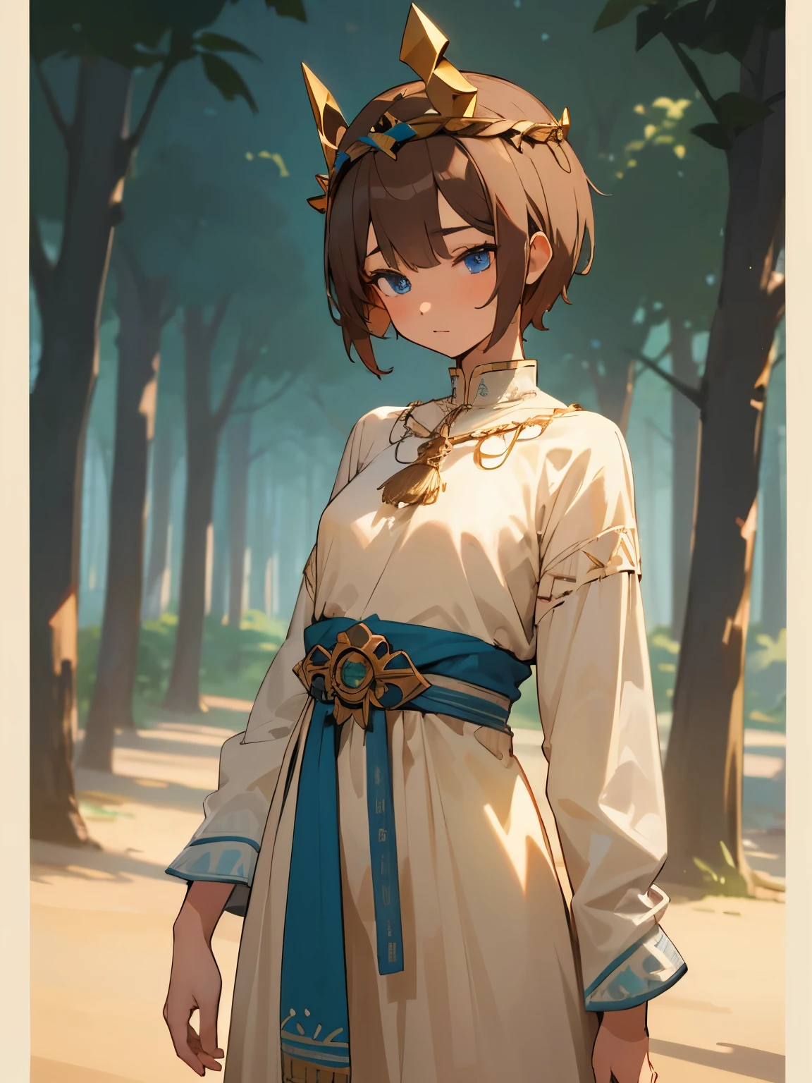 1girl, young girl, tomboy, short hair, small breasts, thin body, cute girl, beautiful, light blue eyes, brown hair, loose clothing, best quality, highres, goddess body, goddess, perfect features, wandering forest, curious, sexy, beauty, tribal dress, wood crown