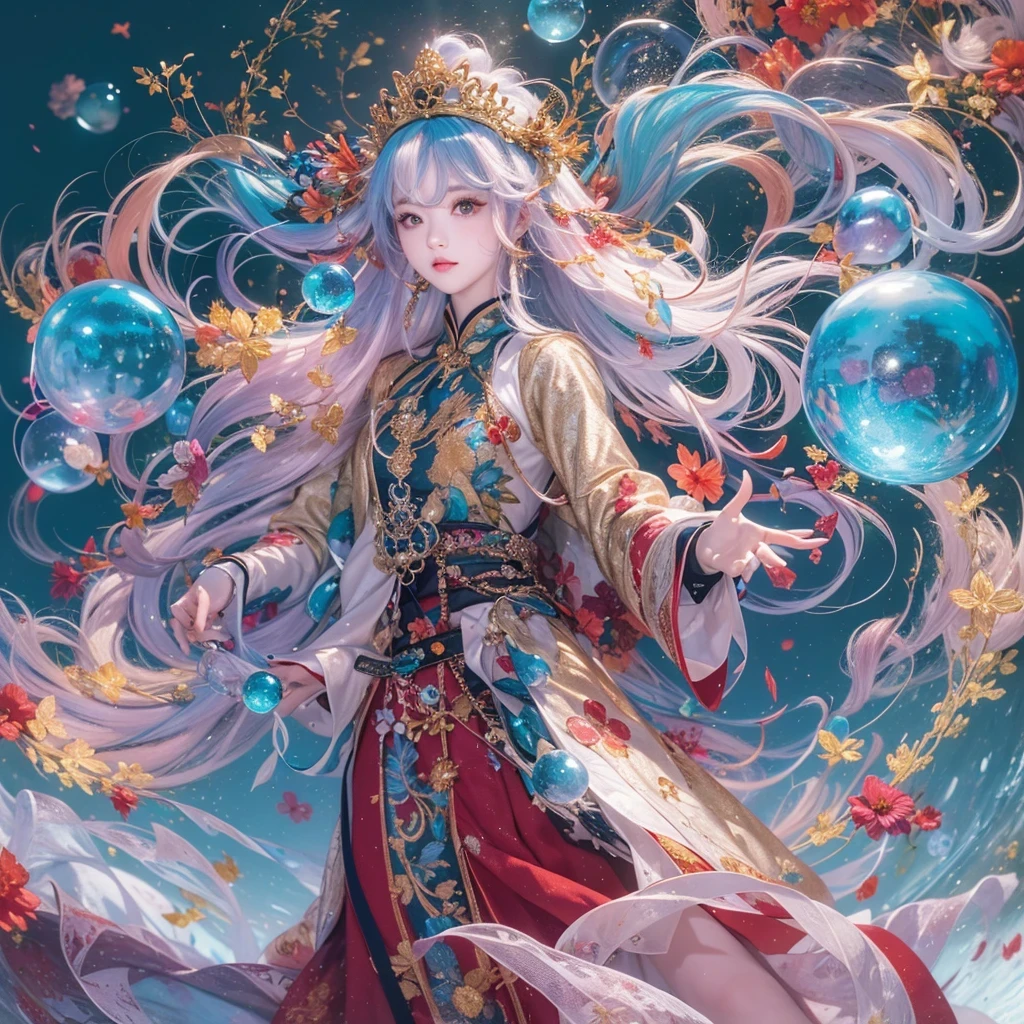鹅黄 blue colors,enamel,agate,A flesh-colored world,Blood Blue Maiden 32k(masterpiece,HD,Aoyama Pond,Ultra high quality,32k)long flowing bright blue hair,blood pool,Ziddink, a color,Grumpy (After greeting), (Linen scarf), fighting stance, looking at the ground, long 鹅黄 hair, Floating bright blue, Fire cloud gold headdress, Chinese long-sleeved gold silk burgundy garment, (Abstract metaverse splash:1.2), White background,Peony flower vitality protector(realistically:1.4),bright purple hair,Smoke on the road,The background is very pure, high resolution, detail, RAW photos, Sharp Re, Nikon D850 film photo by Jefferies Lee 4 Kodak Portra 400 camera F1.6 guns, colorful, Ultra-realistic and vivid textures, dramatic lighting, Unreal Engine Art Station Trend, Sinest 800,一个有着long flowing bright blue hair的女孩,Huge colorful bubbles鹅黄