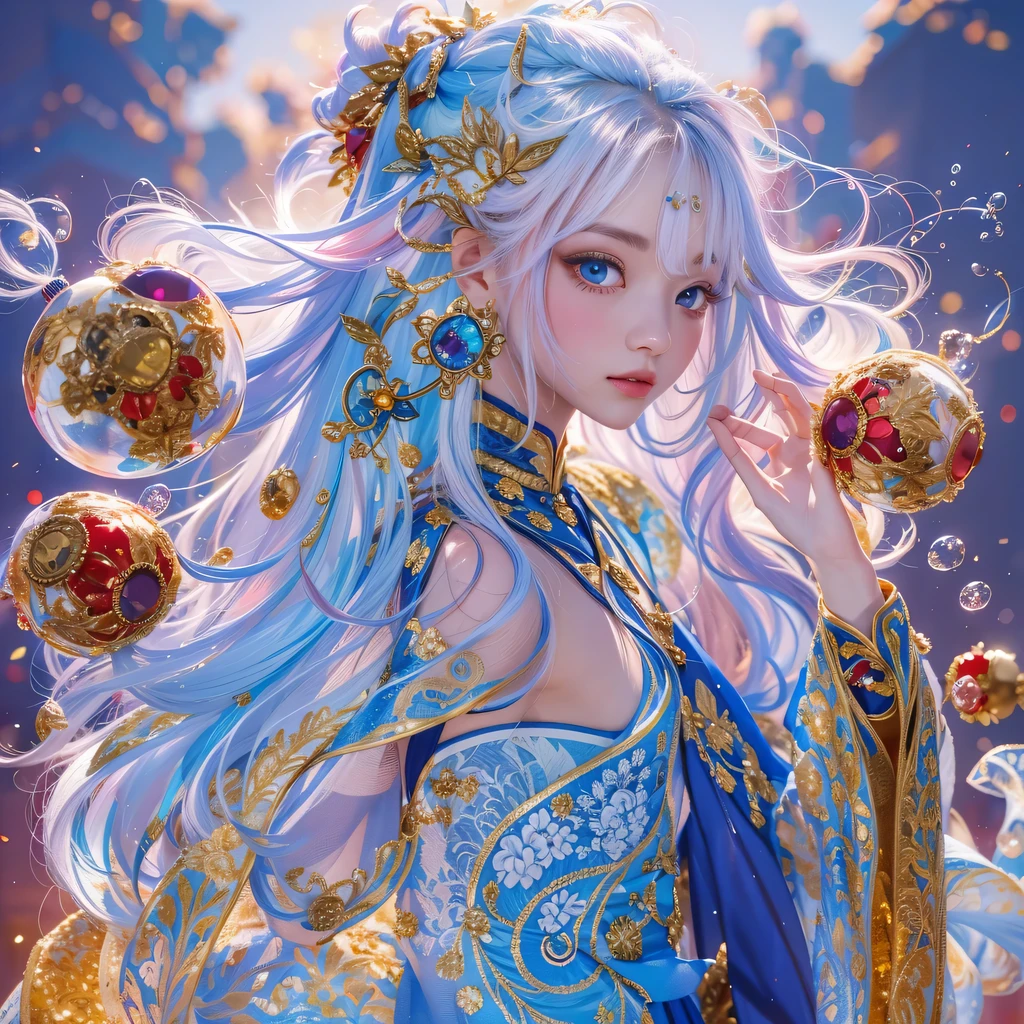 鹅黄 blue colors,enamel,agate,A flesh-colored world,Blood Blue Maiden 32k(masterpiece,HD,Aoyama Pond,Ultra high quality,32k)long flowing bright blue hair,blood pool,Ziddink, a color,Grumpy (After greeting), (Linen scarf), fighting stance, looking at the ground, long 鹅黄 hair, Floating bright blue, Fire cloud gold headdress, Chinese long-sleeved gold silk burgundy garment, (Abstract metaverse splash:1.2), White background,Peony flower vitality protector(realistically:1.4),bright purple hair,Smoke on the road,The background is very pure, high resolution, detail, RAW photos, Sharp Re, Nikon D850 film photo by Jefferies Lee 4 Kodak Portra 400 camera F1.6 guns, colorful, Ultra-realistic and vivid textures, dramatic lighting, Unreal Engine Art Station Trend, Sinest 800,一个有着long flowing bright blue hair的女孩,Huge colorful bubbles鹅黄