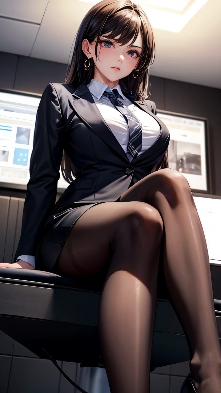 Girl, smile, red lips, big nose, big tits, long hair, yellow hair colors, glasses, sexy body, sexy pose, Sit down pose, office lady,white office clothes colors,  black tie colors, black short office skirt, black stocking colors, black high heel office shoes colors, beautiful girl, in room, realistic