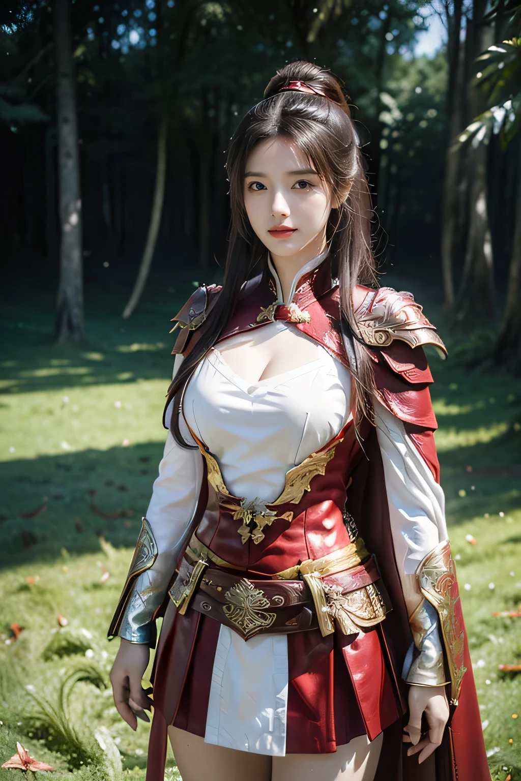 masterpiece,Best quality,A high resolution,8K,Original photo,real photo,Ancient city wall battlefield background,((field:1.8)),digital photography,(Female generals on the battlefield in the Han Dynasty),(((standing on the grass))),18-year-old girl,(long ponytail hairstyle),cparted lips,Full and brease and charming,Elegant and serious,(Thick purple fish scale armor),Long red cape,The combination of white metal and red leather,Chest covered with gold armor,metallic luster,Leathuckle,Exquisite pattern,mysterious badge,Cool and gorgeouig breasts)),Chest Three Kingdoms character painting style,Photo pose,oc render reflection texture,bright shades,No shadows on the face,charming smile,Head-up shot,