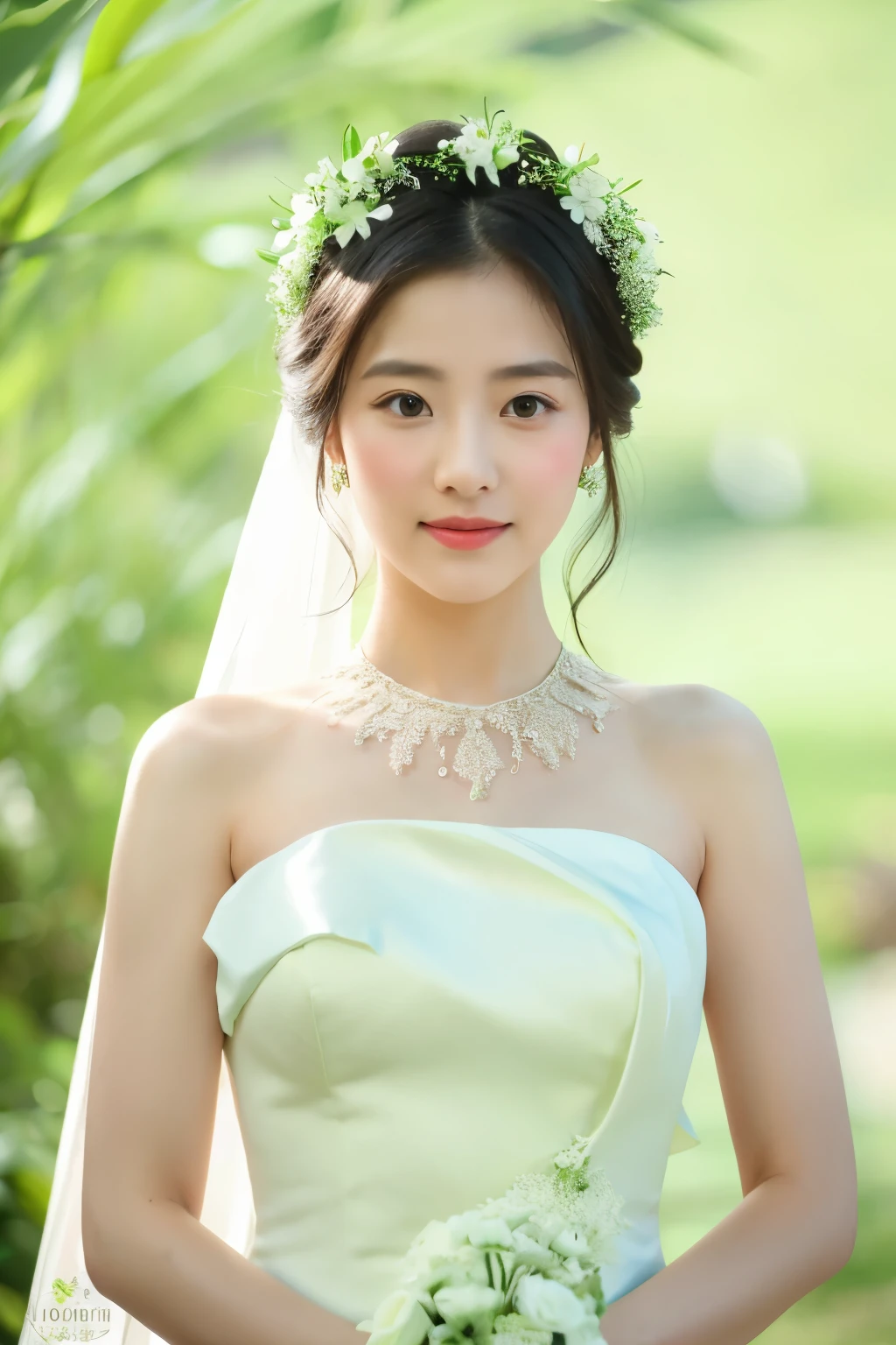 ((best quality)), ((masterpiece)), (detailed), perfect face, beautiful bride wearing a flower petal shaped dress, standing on light green background, giant white soften flower behind of bride
