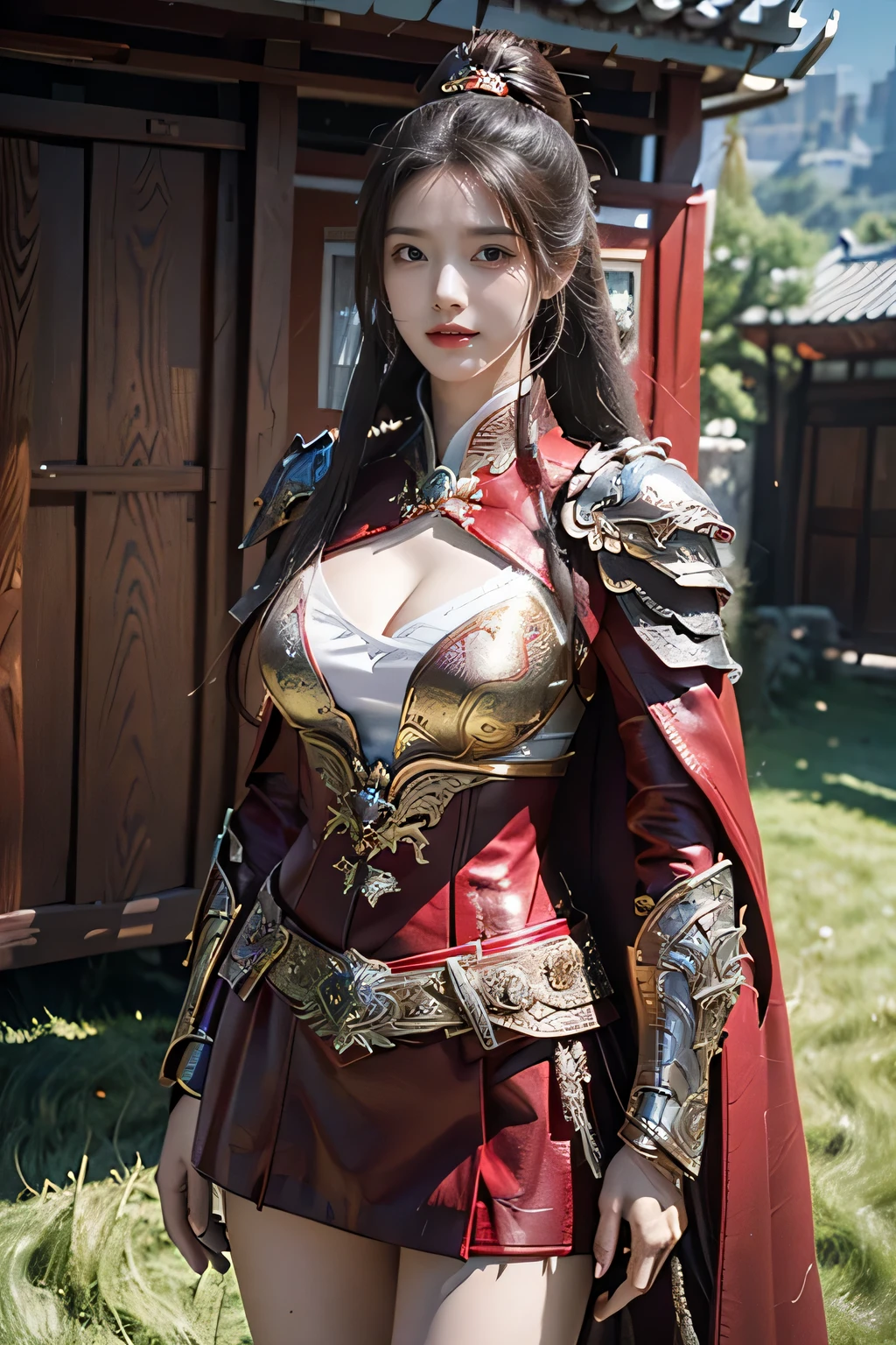 masterpiece,Best quality,A high resolution,8K,Original photo,real photo,Ancient city wall battlefield background,((field:1.8)),digital photography,(Female generals on the battlefield in the Han Dynasty),(((standing on the grass))),18-year-old girl,(long ponytail hairstyle),cparted lips,Full and erect breasts,Noble and charming,Elegant and serious,(Thick purple fish scale armor),Long red cape,The combination of white metal and red leather,Chest covered with gold armor,metallic luster,Leather buckle,Exquisite pattern,mysterious badge,Cool and gorgeouig breasts)),Chest groove,Three Kingdoms character painting style,Photo pose,oc render reflection texture,bright shades,No shadows on the face,charming smile,Head-up shot,