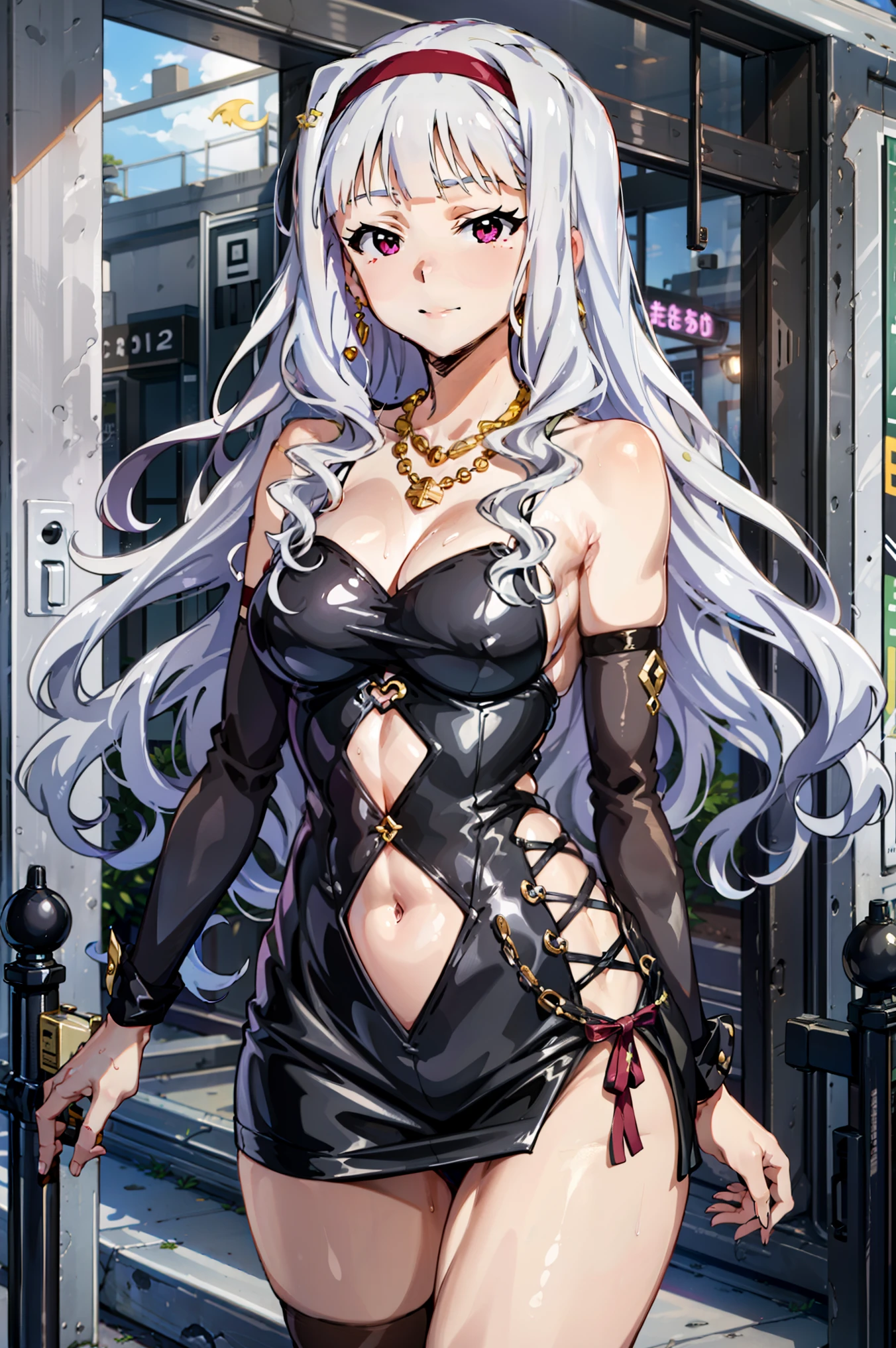 masterpiece, highres, best quality, absurdres, official, 1girl, solo, (shijou takane), grey hair, headband, long hair, (whore outfits), casino, bodycon, microdress, miniskirt, necklace, earring, navel, face focus, naughty smile, sagging breasts, shiny skin