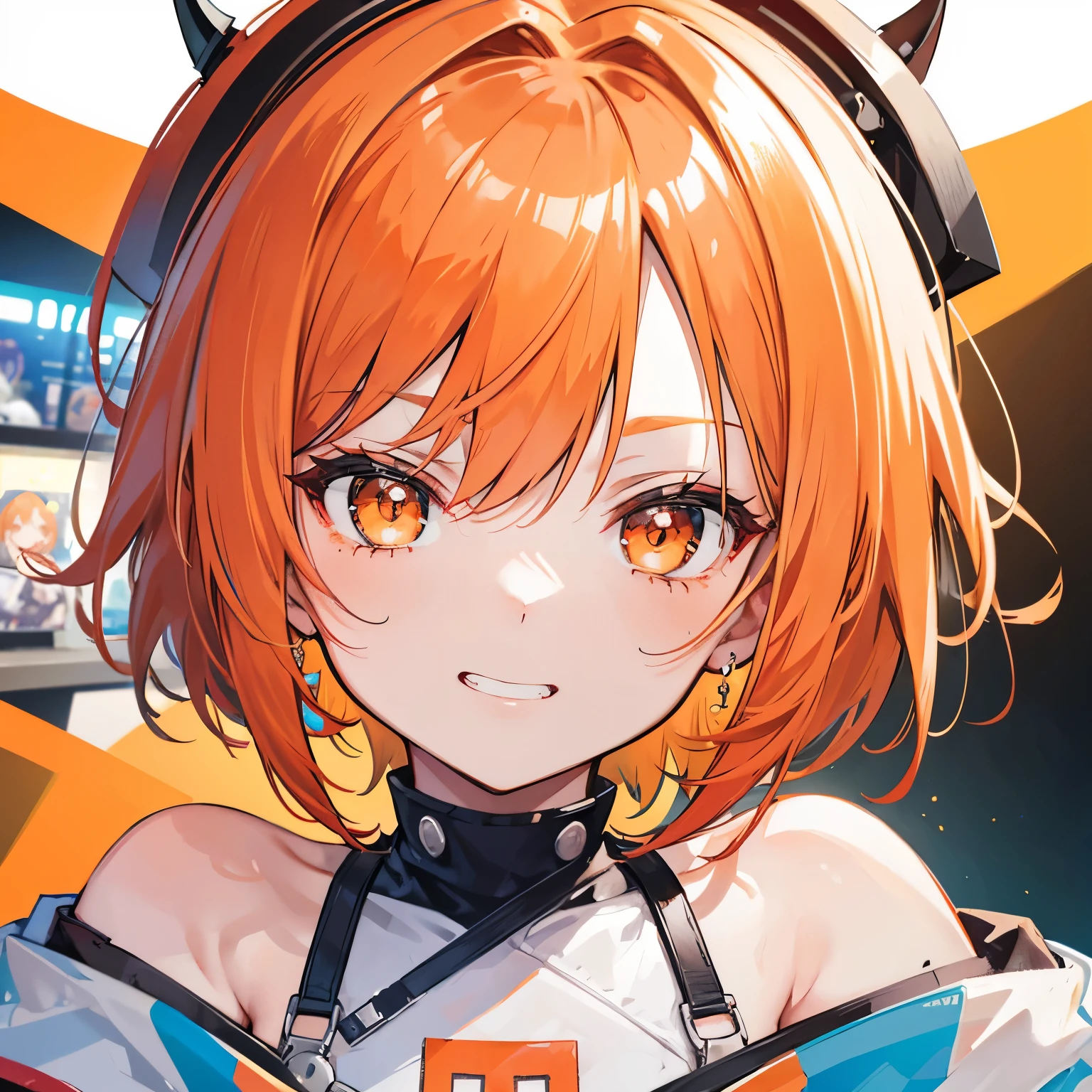 extreme close up face, Short off-shoulder hair in orange and white,Dignified and wonderful Girl, in a game center, grin