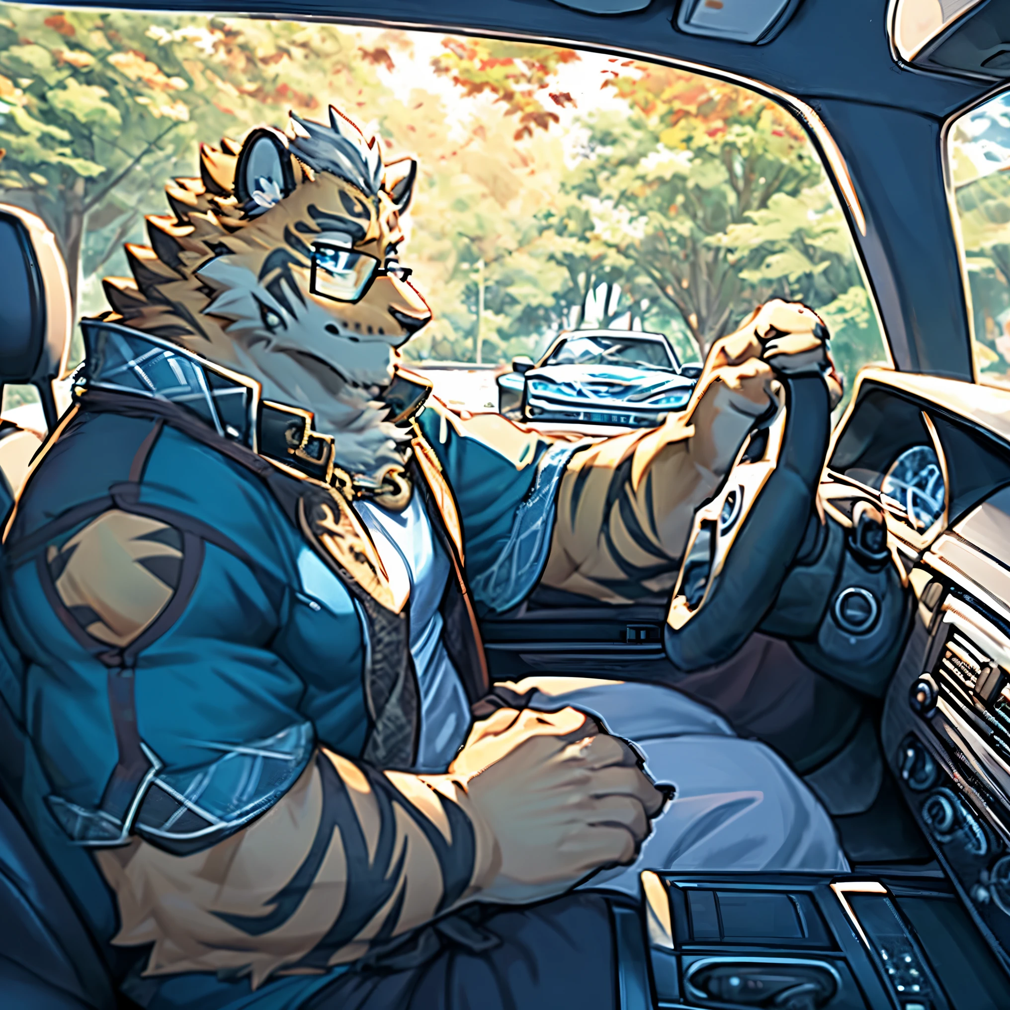Lin Hu,blue eyes,afternoon time,front view,Strong figure,Wear half-rimmed glasses ,Sitting in the car and driving,Put one hand on the steering wheel,Put your other hand on the joystick,five fingers five fingers,best quality,best quality,8k,HD,There is only one character in the screen,