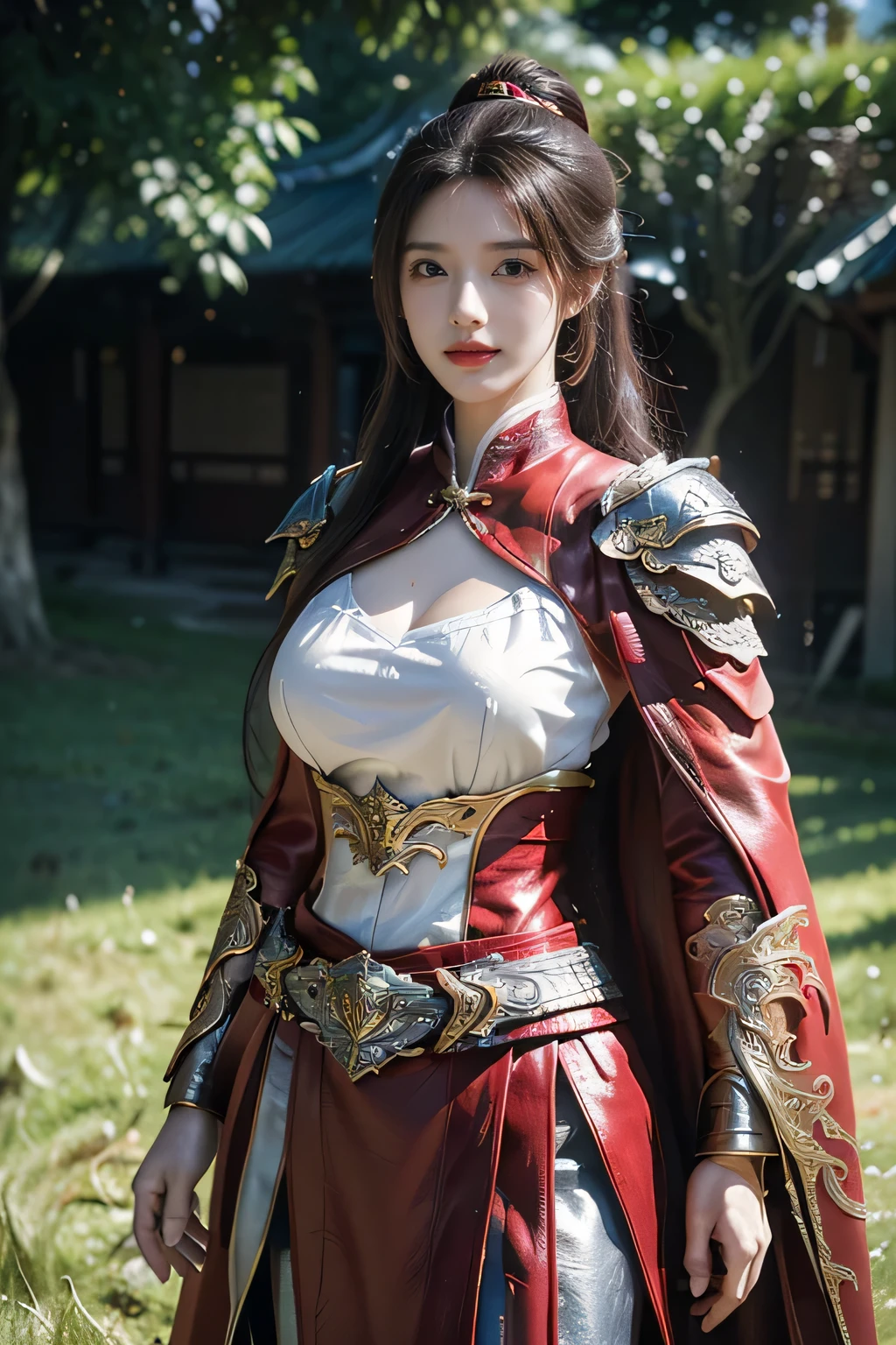 masterpiece，Best quality，A high resolution，8K，Original photo，real photo，Ancient city wall battlefield background,((field：1.8))，digital photography，(Female generals on the battlefield in the Han Dynasty)，(((standing on the grass)))，18-year-old girl，（long ponytail hairstyle)，cparted lips，Full and erect breasts，Noble and charming，Elegant and serious，(Thick purple fish scale armor），Long red cape，The combination of white metal and red leather，Chest covered with gold armor，metallic luster，Leather buckle，Exquisite pattern，mysterious badge，Cool and gorgeouig breasts))，Chest groove，Three Kingdoms character painting style，Photo pose，oc render reflection texture，bright shades，No shadows on the face，charming smile，Head-up shot，